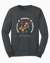 Advocate Support Empower Long Sleeve T-Shirt-Dark Heather-Neurodiversity, ADHD & Autism Awareness & Acceptance Long-sleeve by Daily Bloom