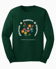 Advocate Support Empower Long Sleeve T-Shirt-Forest Green-Neurodiversity, ADHD & Autism Awareness & Acceptance Long-sleeve by Daily Bloom