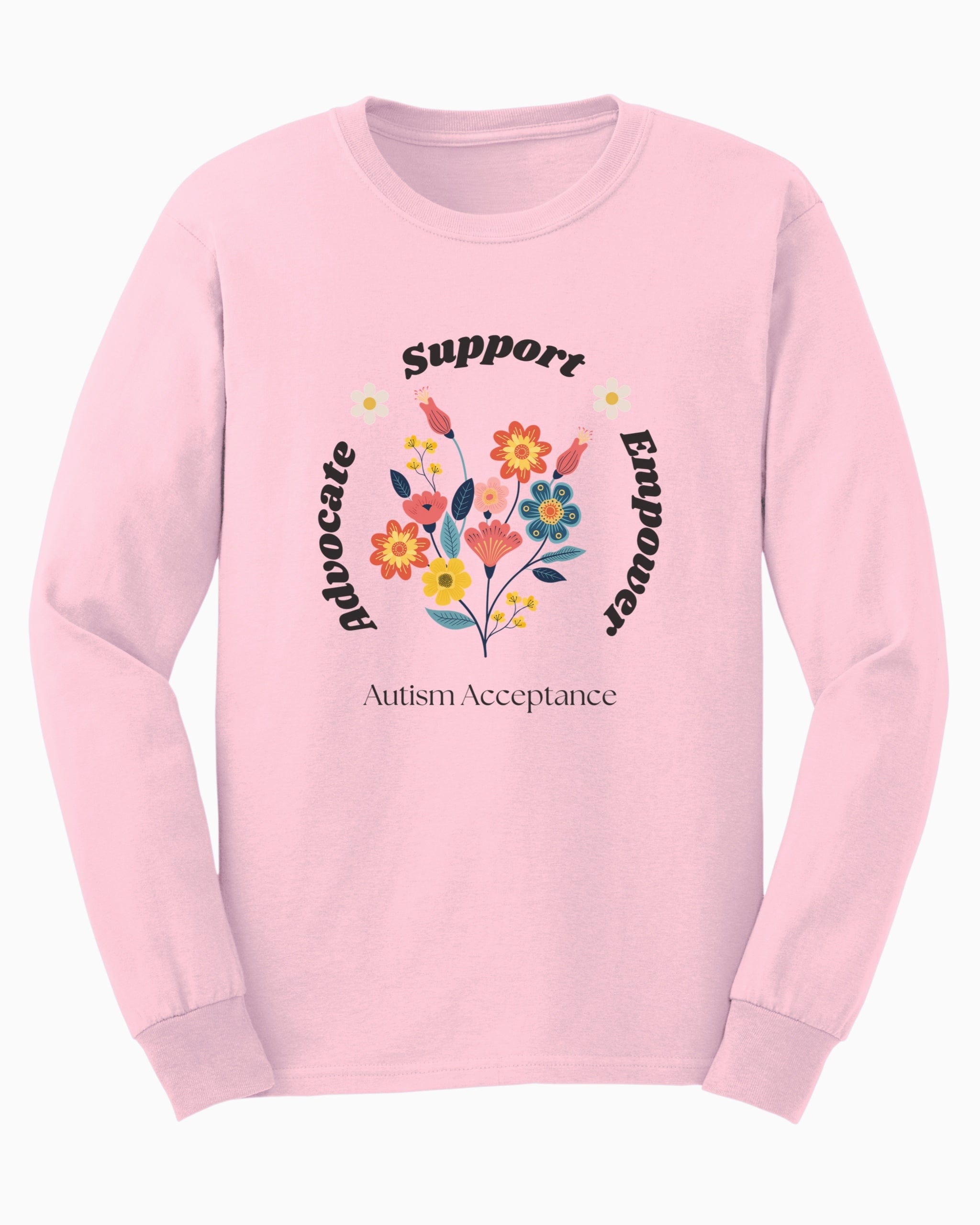 Advocate Support Empower Long Sleeve T-Shirt-Light Pink-Neurodiversity, ADHD & Autism Awareness & Acceptance Long-sleeve by Daily Bloom