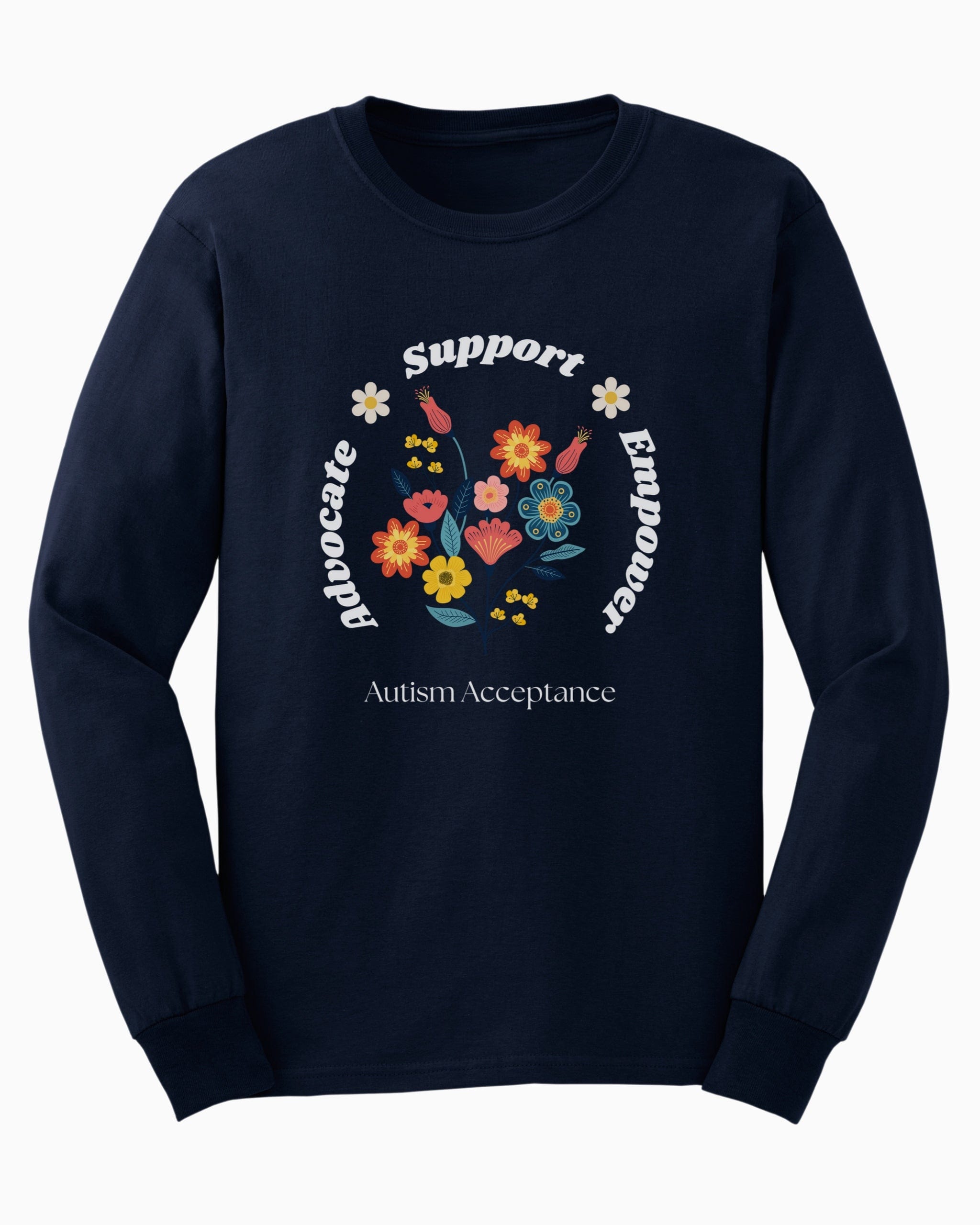 Advocate Support Empower Long Sleeve T-Shirt-Navy-Neurodiversity, ADHD & Autism Awareness & Acceptance Long-sleeve by Daily Bloom