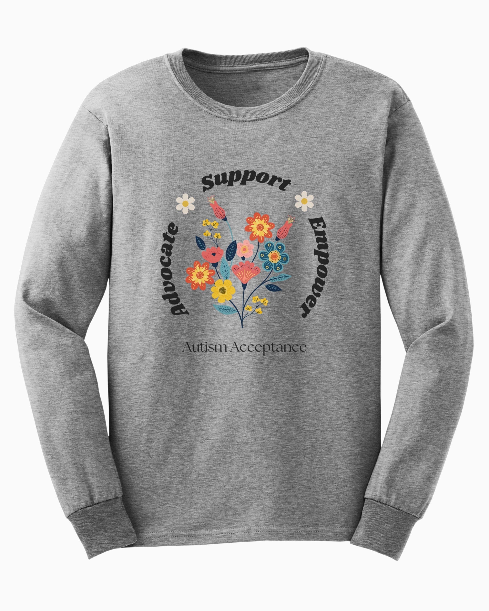 Advocate Support Empower Long Sleeve T-Shirt-Sport Grey-Neurodiversity, ADHD & Autism Awareness & Acceptance Long-sleeve by Daily Bloom