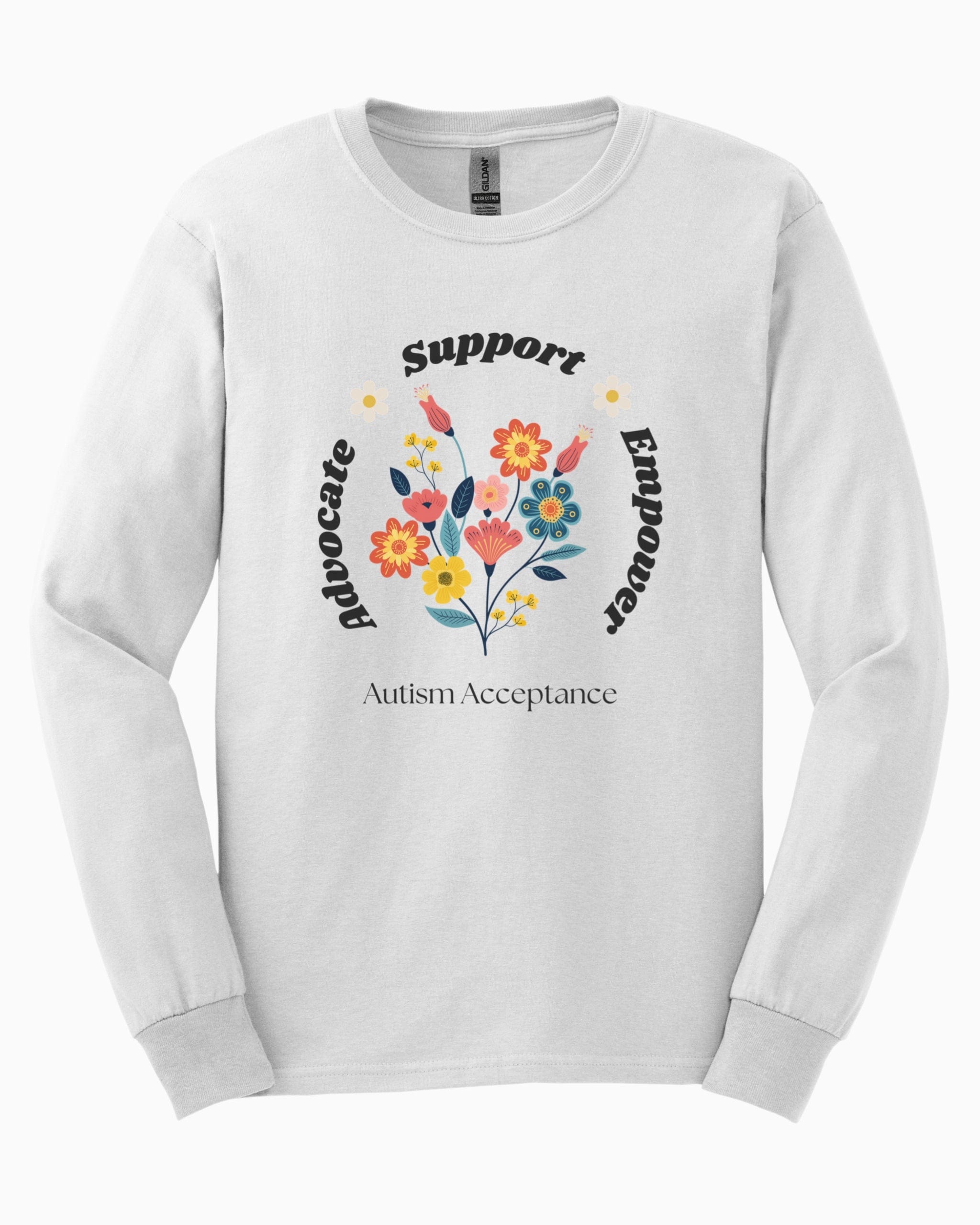Advocate Support Empower Long Sleeve T-Shirt-White-Neurodiversity, ADHD & Autism Awareness & Acceptance Long-sleeve by Daily Bloom