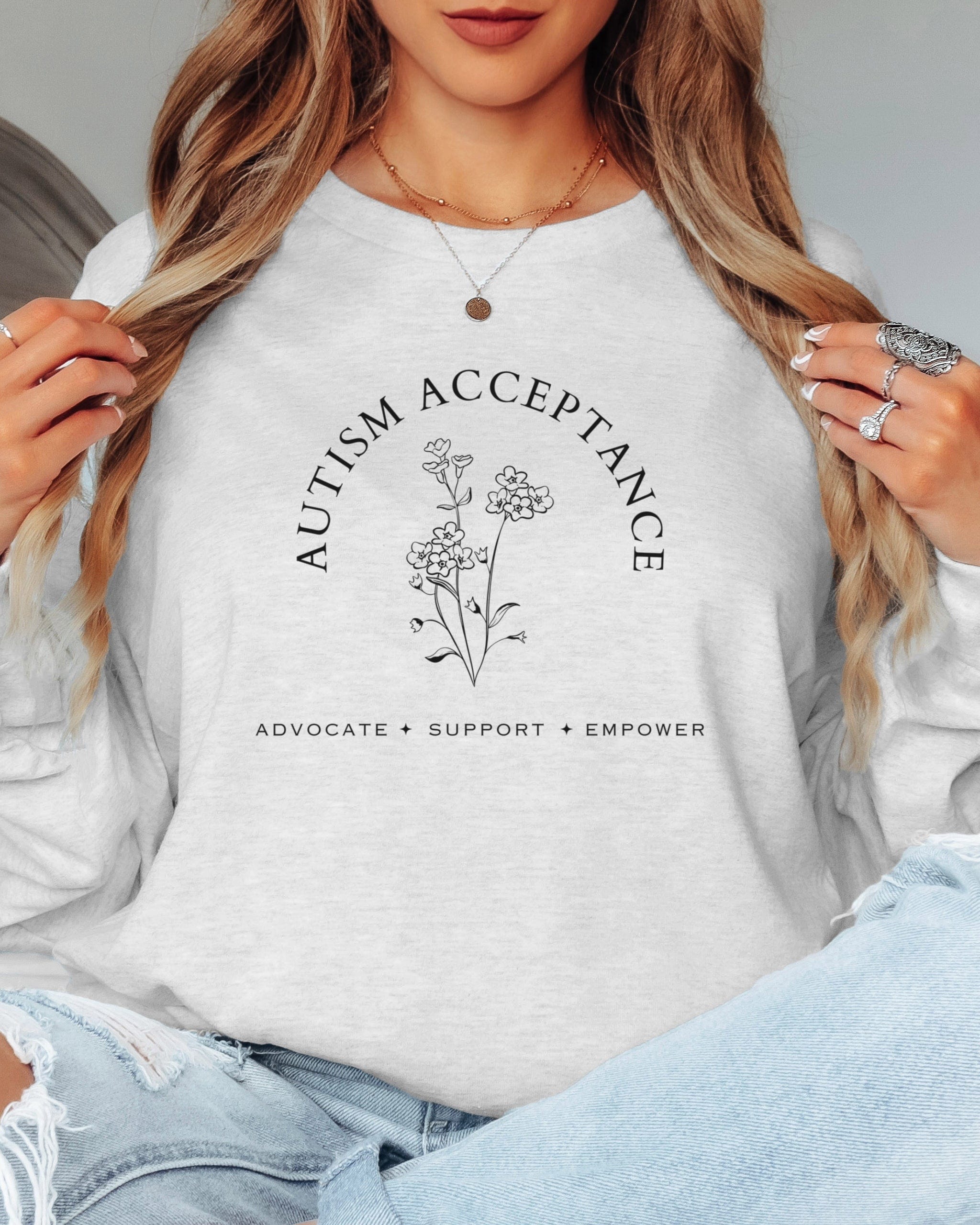 Autism Acceptance - Advocate Support Empower Long Sleeve T-Shirt-Neurodiversity, ADHD & Autism Awareness & Acceptance Long-sleeve by Daily Bloom