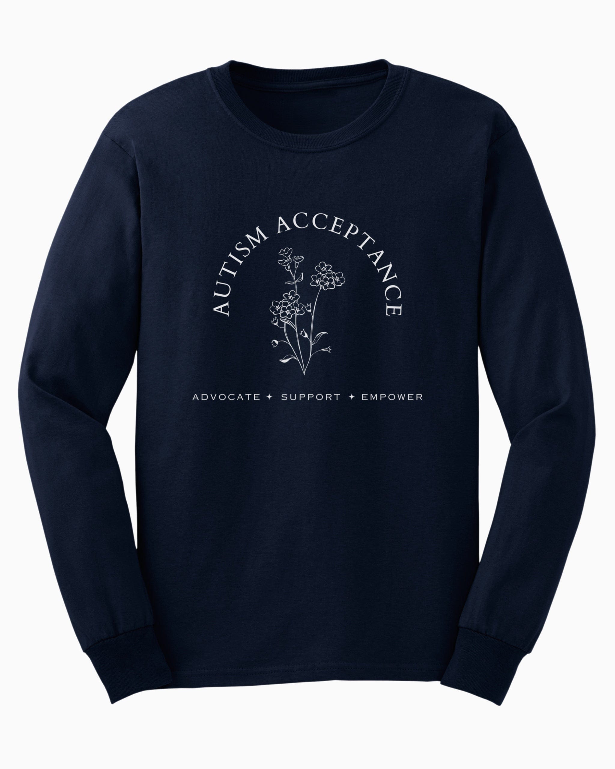 Autism Acceptance - Advocate Support Empower Long Sleeve T-Shirt-Navy-Neurodiversity, ADHD & Autism Awareness & Acceptance Long-sleeve by Daily Bloom