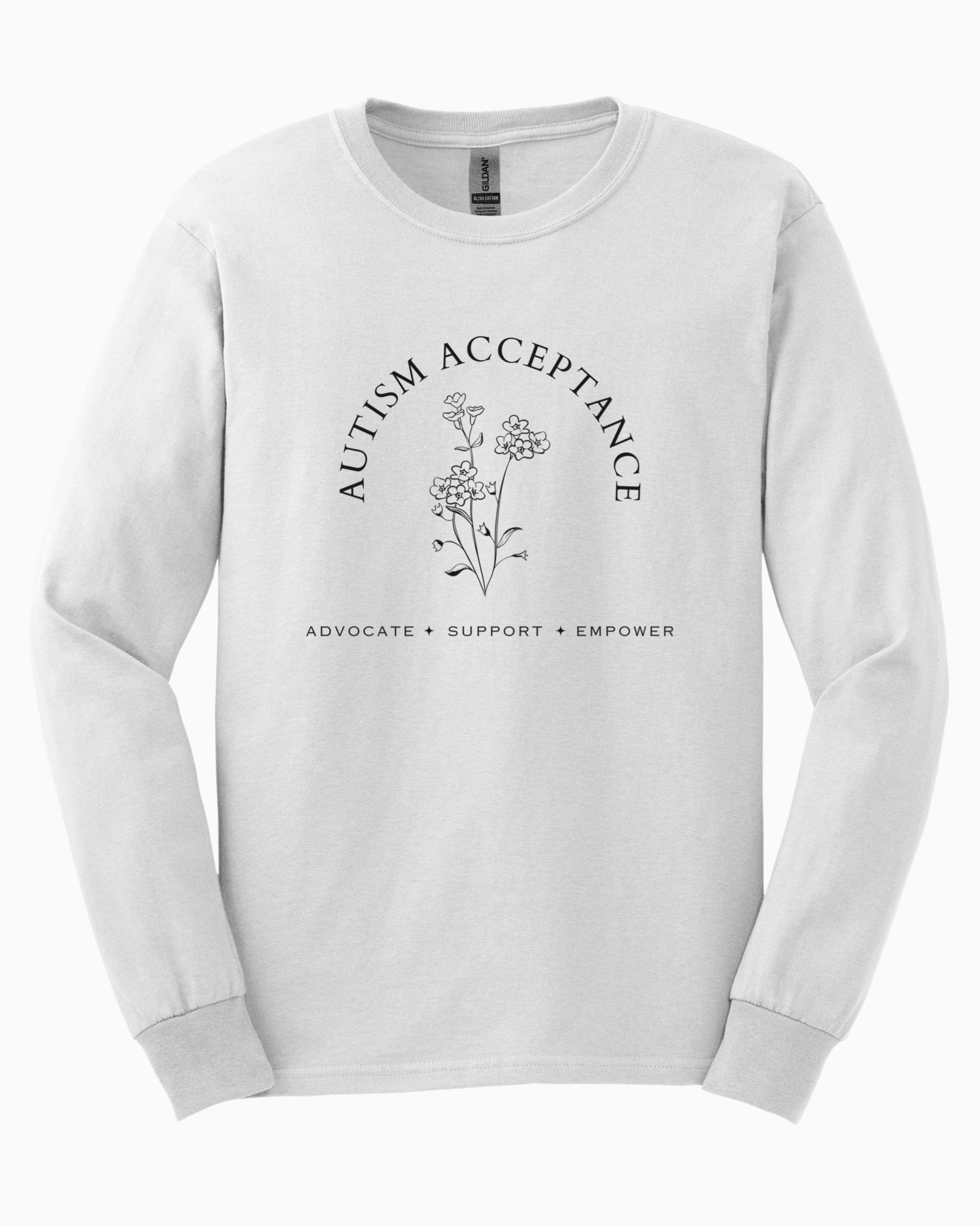 Autism Acceptance - Advocate Support Empower Long Sleeve T-Shirt-White-Neurodiversity, ADHD & Autism Awareness & Acceptance Long-sleeve by Daily Bloom