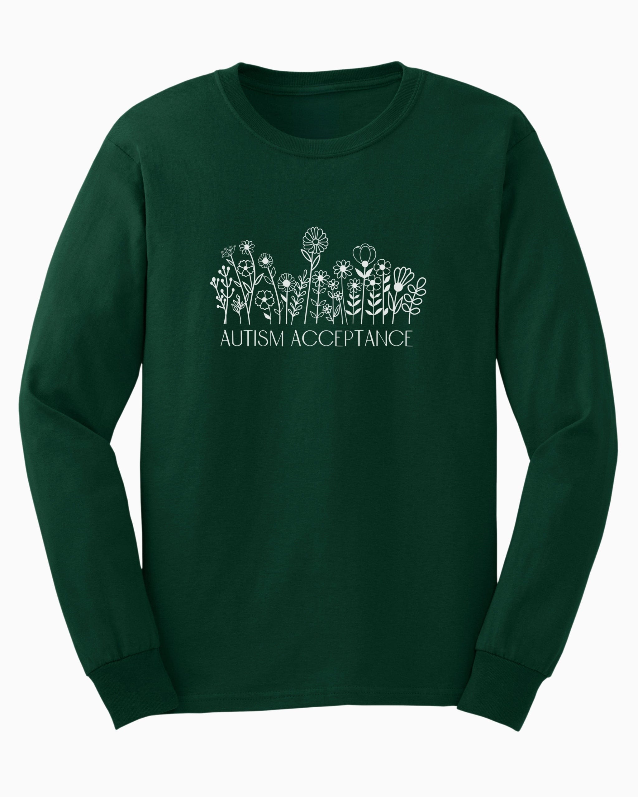 Autism Acceptance Wildflowers Long Sleeve T-Shirt-Forest Green-Neurodiversity, ADHD & Autism Awareness & Acceptance Long-sleeve by Daily Bloom