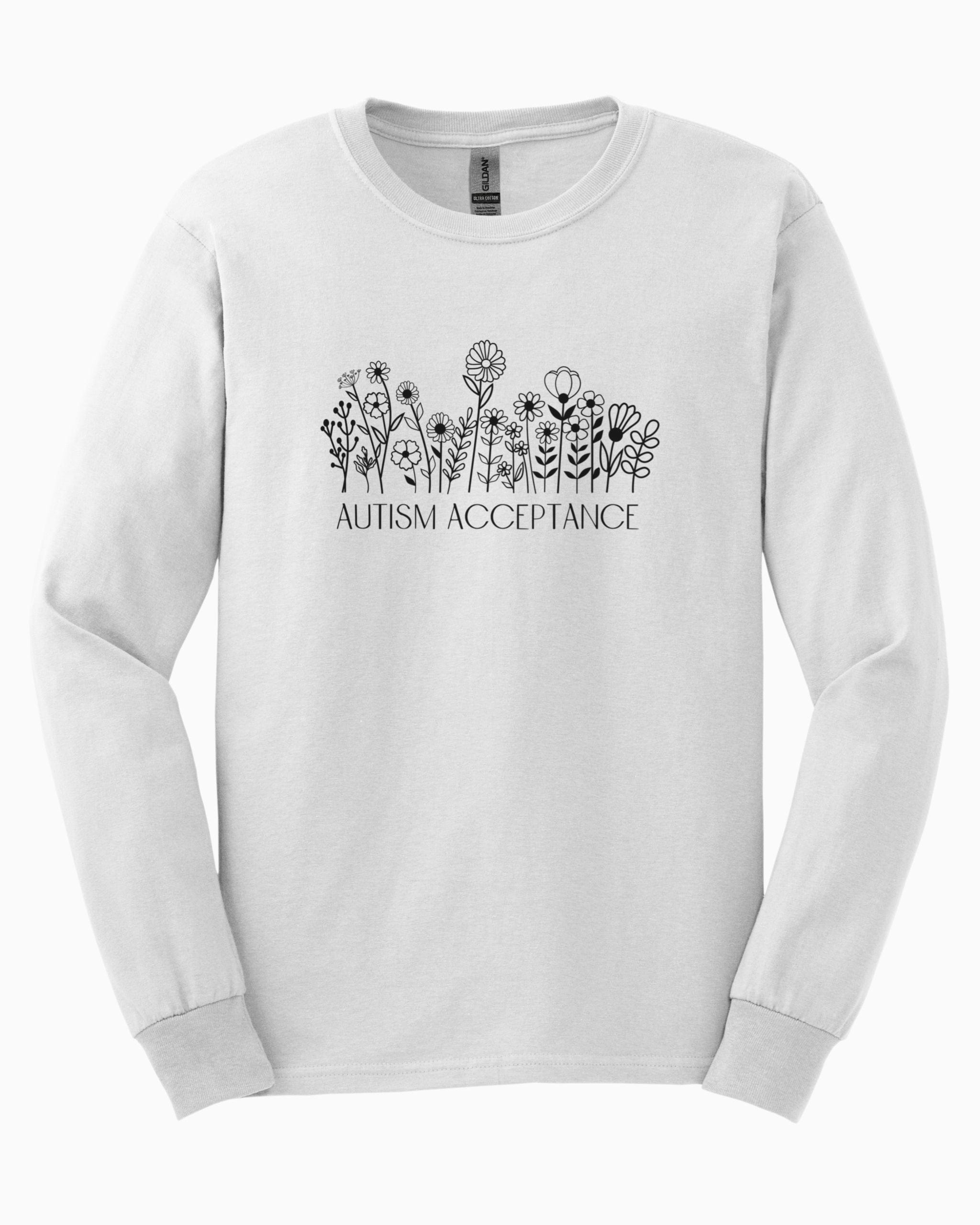 Autism Acceptance Wildflowers Long Sleeve T-Shirt-White-Neurodiversity, ADHD & Autism Awareness & Acceptance Long-sleeve by Daily Bloom