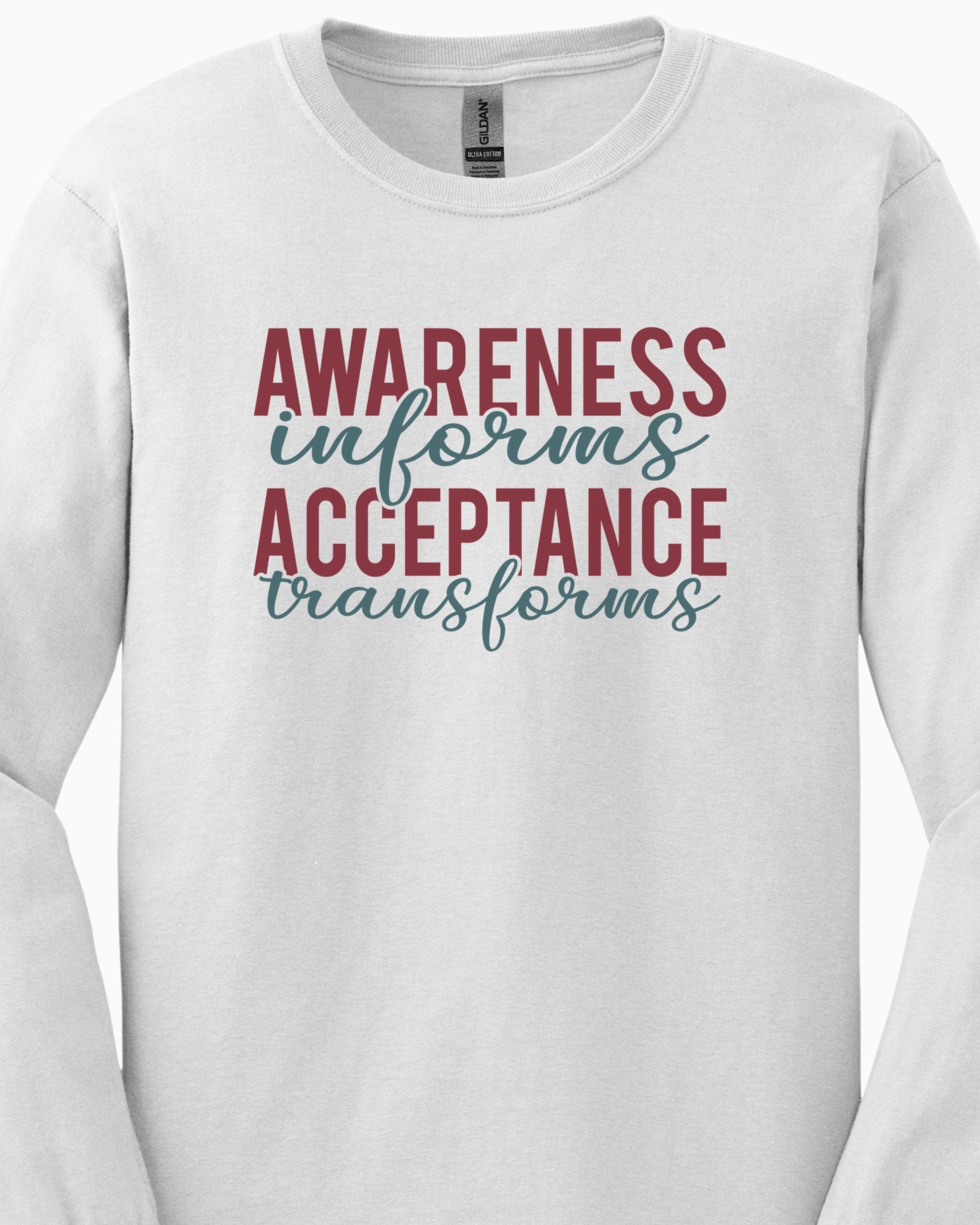 Awareness Informs Acceptance Transforms Long Sleeve T-Shirt-Neurodiversity, ADHD & Autism Awareness & Acceptance Long-sleeve by Daily Bloom