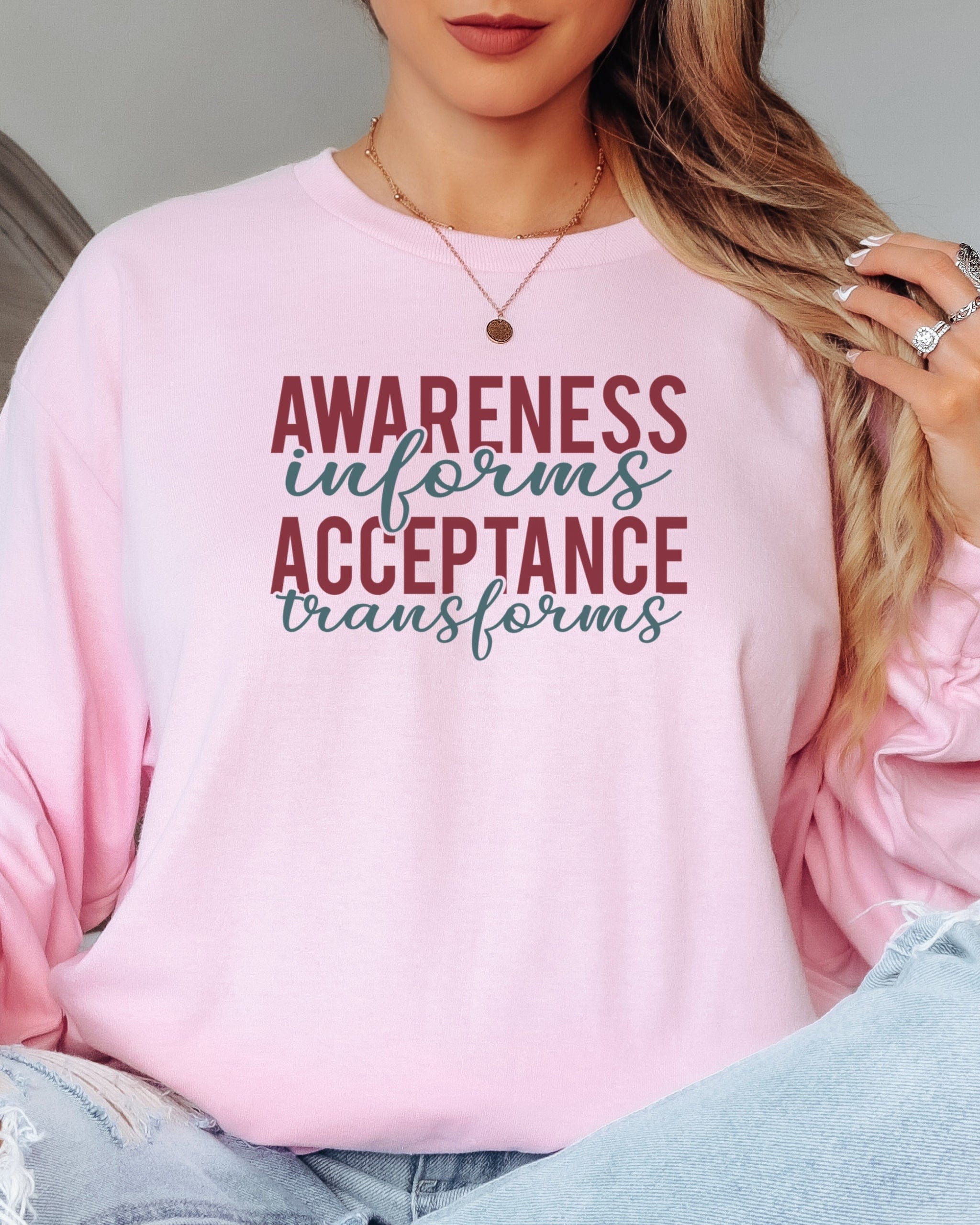 Awareness Informs Acceptance Transforms Long Sleeve T-Shirt-Neurodiversity, ADHD & Autism Awareness & Acceptance Long-sleeve by Daily Bloom