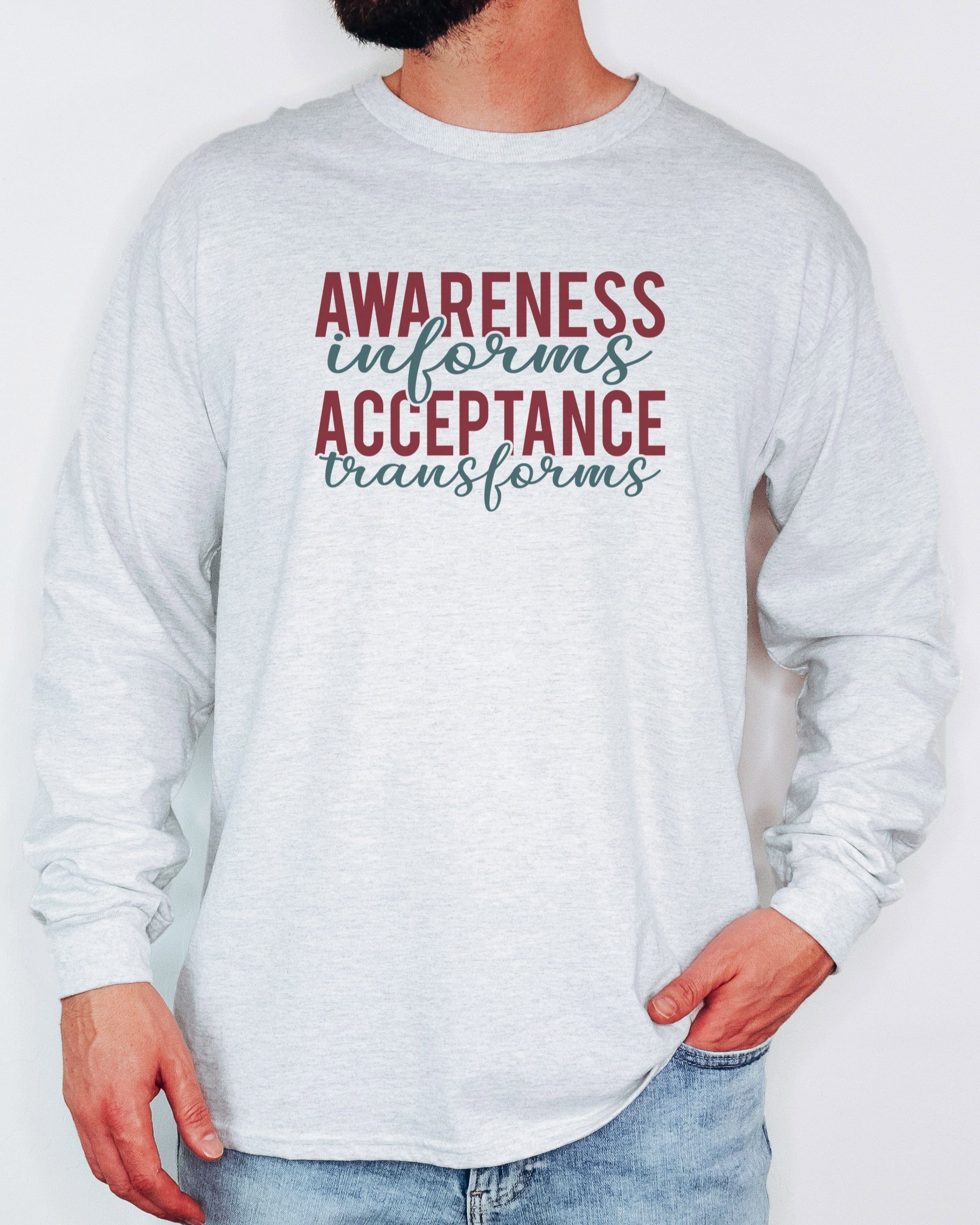 Awareness Informs Acceptance Transforms Long Sleeve T-Shirt-Neurodiversity, ADHD & Autism Awareness & Acceptance Long-sleeve by Daily Bloom
