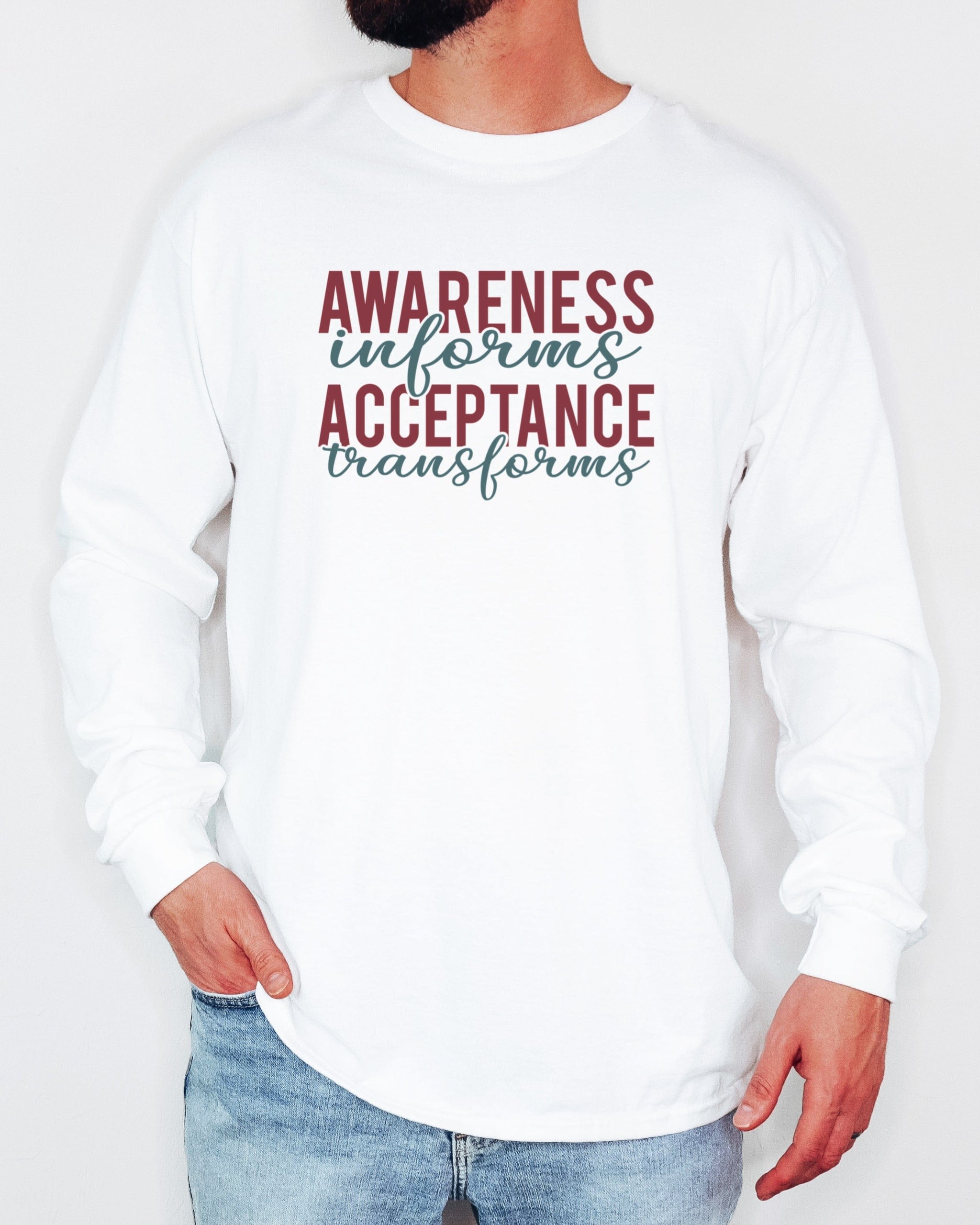 Awareness Informs Acceptance Transforms Long Sleeve T-Shirt-Neurodiversity, ADHD & Autism Awareness & Acceptance Long-sleeve by Daily Bloom