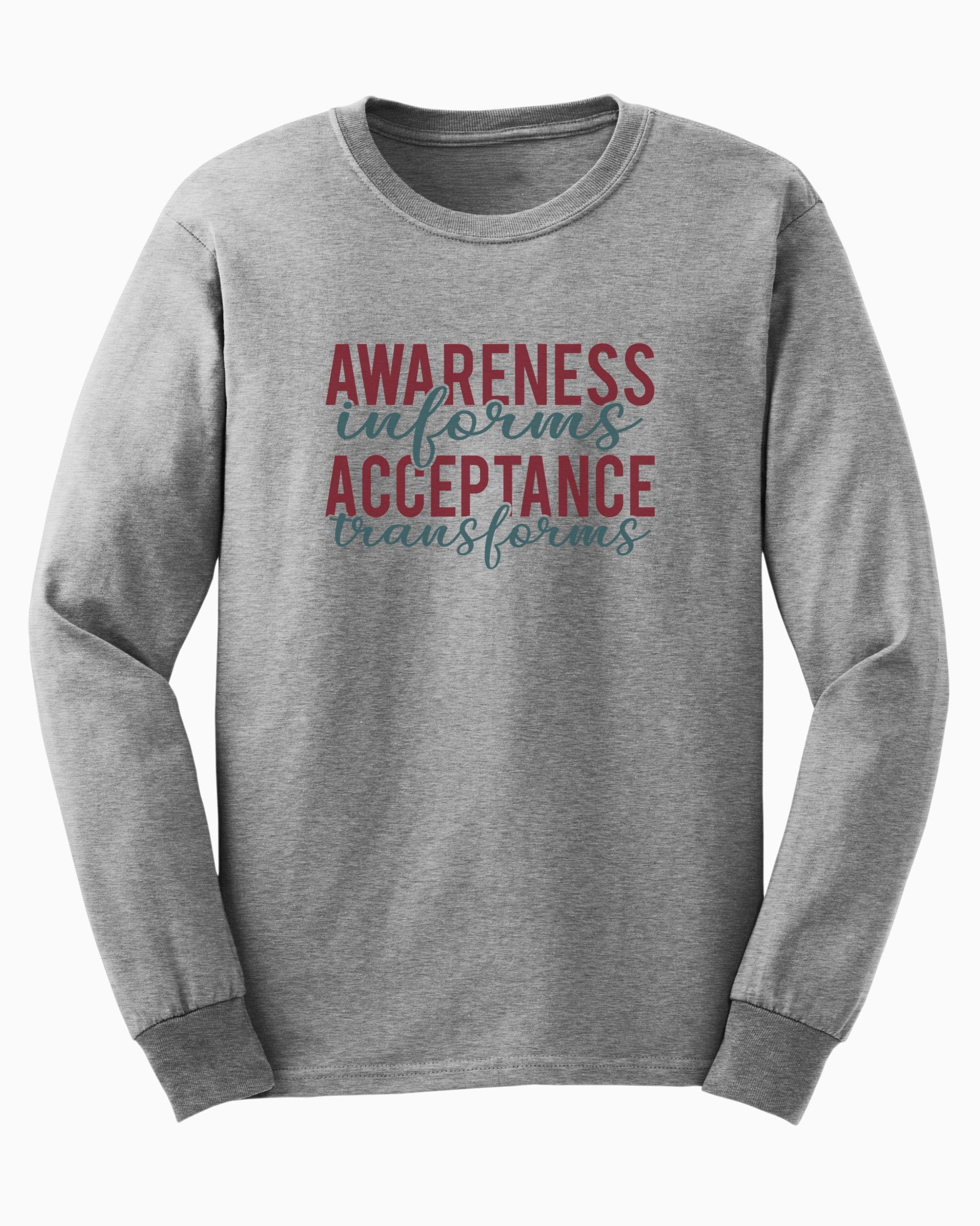 Awareness Informs Acceptance Transforms Long Sleeve T-Shirt-Sport Grey-Neurodiversity, ADHD & Autism Awareness & Acceptance Long-sleeve by Daily Bloom