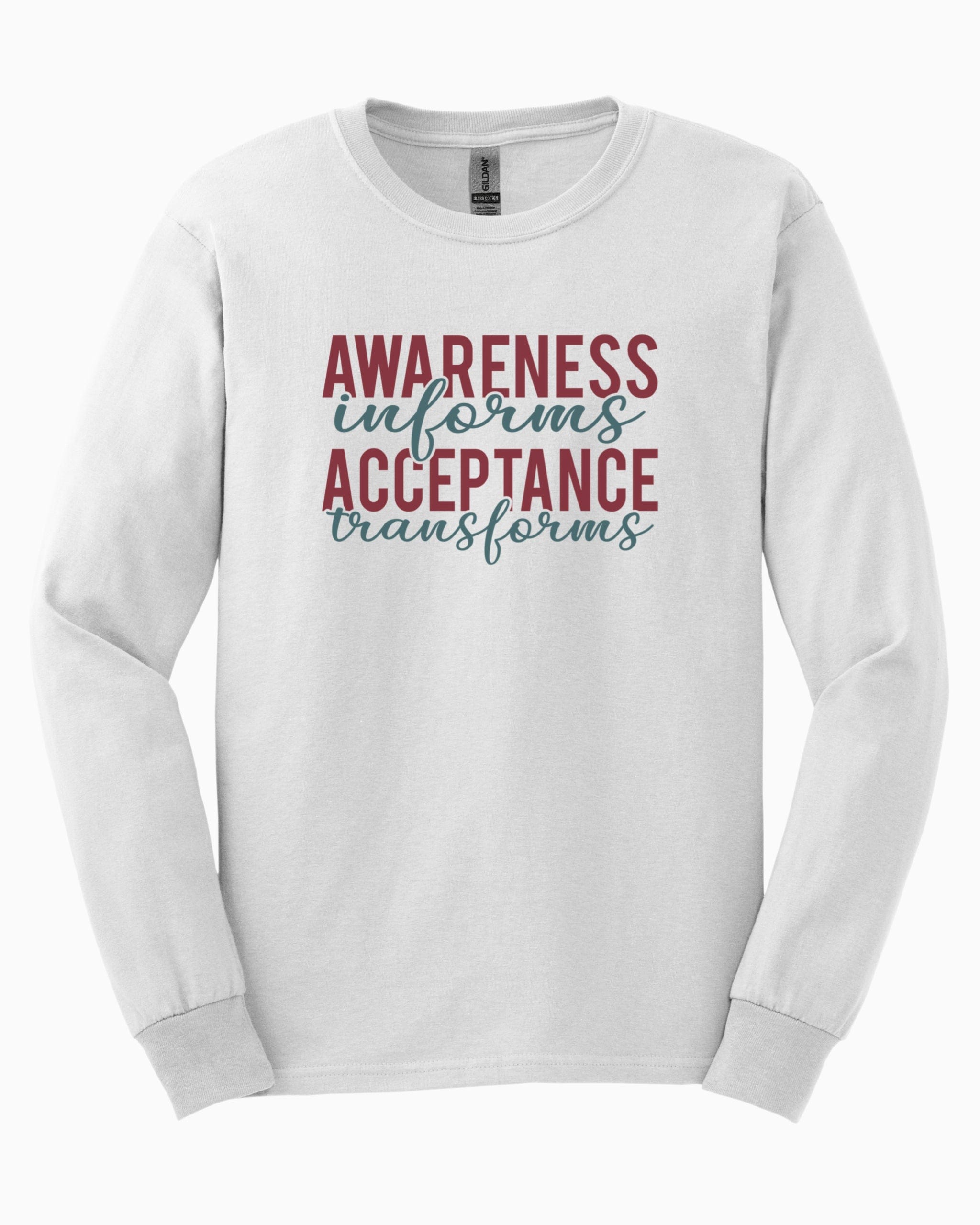 Awareness Informs Acceptance Transforms Long Sleeve T-Shirt-White-Neurodiversity, ADHD & Autism Awareness & Acceptance Long-sleeve by Daily Bloom