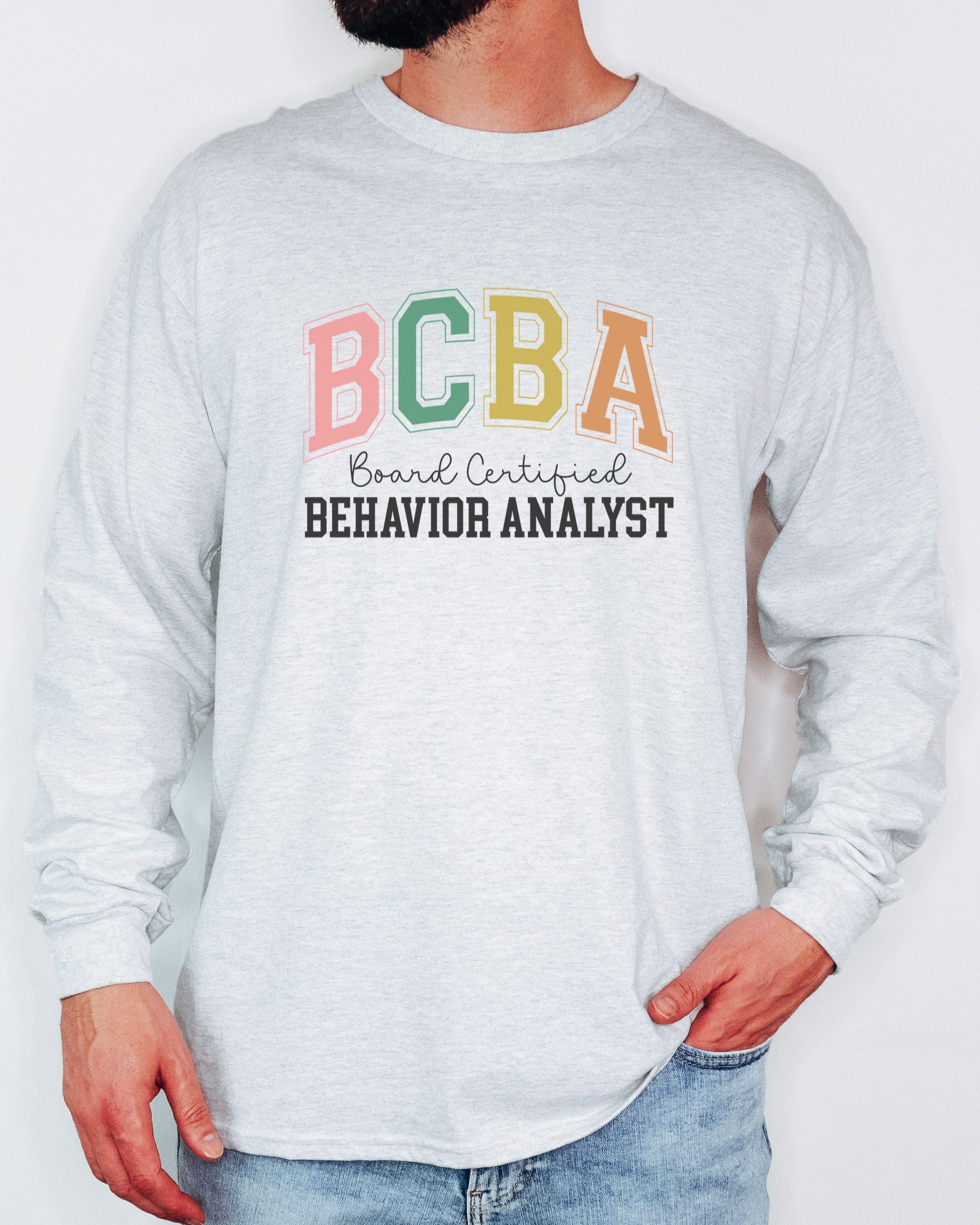 BCBA - Board Certified Behavior Analyst College Style Long Sleeve T-Shirt-Neurodiversity, ADHD & Autism Awareness & Acceptance Long-sleeve by Daily Bloom