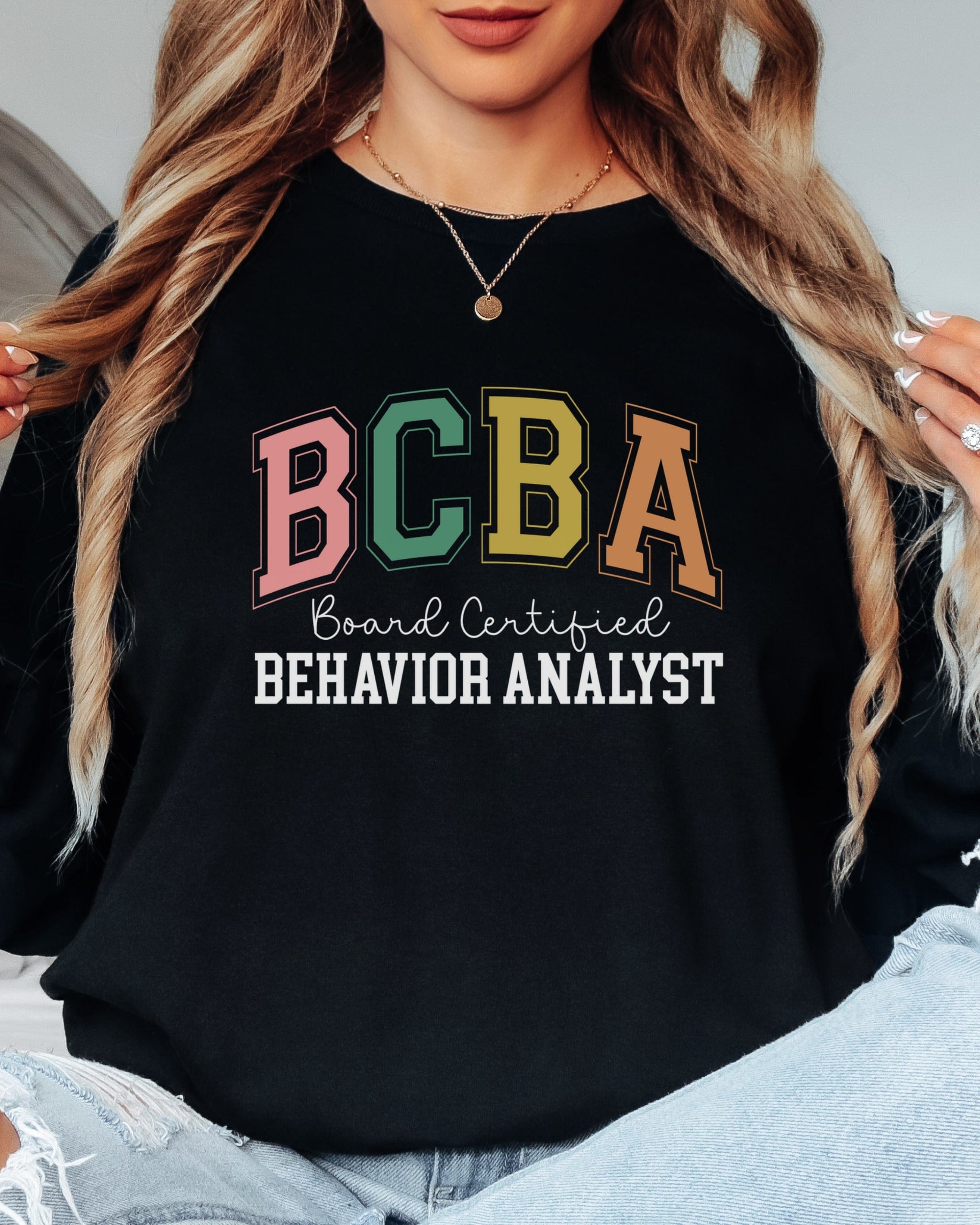 BCBA - Board Certified Behavior Analyst College Style Long Sleeve T-Shirt-Neurodiversity, ADHD & Autism Awareness & Acceptance Long-sleeve by Daily Bloom