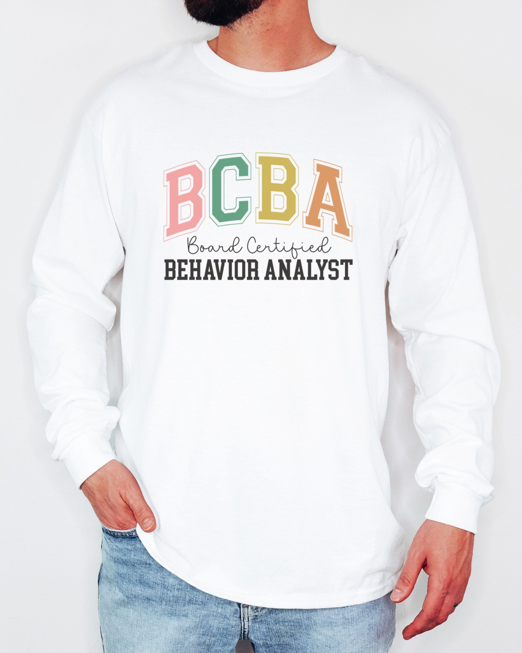 BCBA - Board Certified Behavior Analyst College Style Long Sleeve T-Shirt-Neurodiversity, ADHD & Autism Awareness & Acceptance Long-sleeve by Daily Bloom