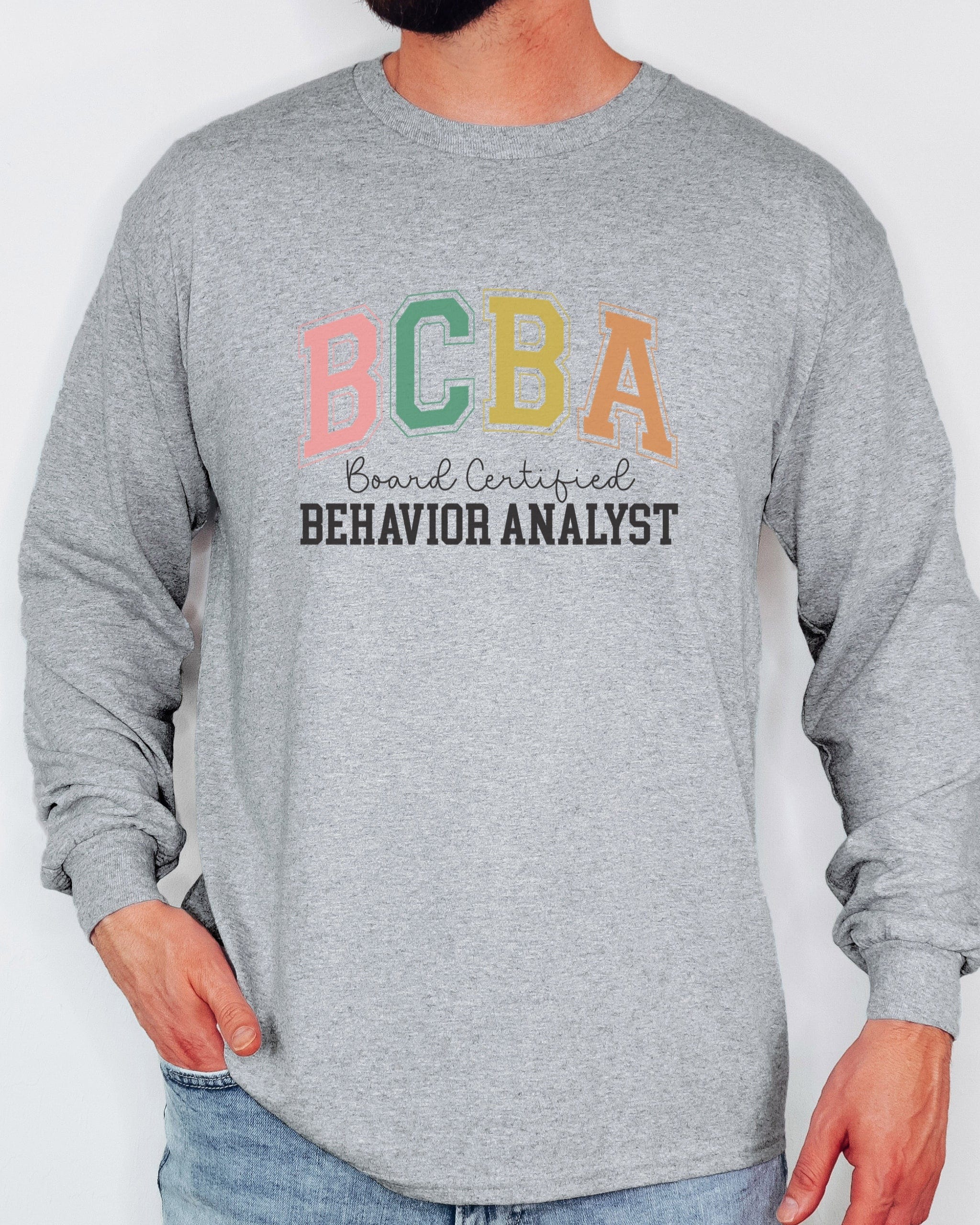 BCBA - Board Certified Behavior Analyst College Style Long Sleeve T-Shirt-Neurodiversity, ADHD & Autism Awareness & Acceptance Long-sleeve by Daily Bloom