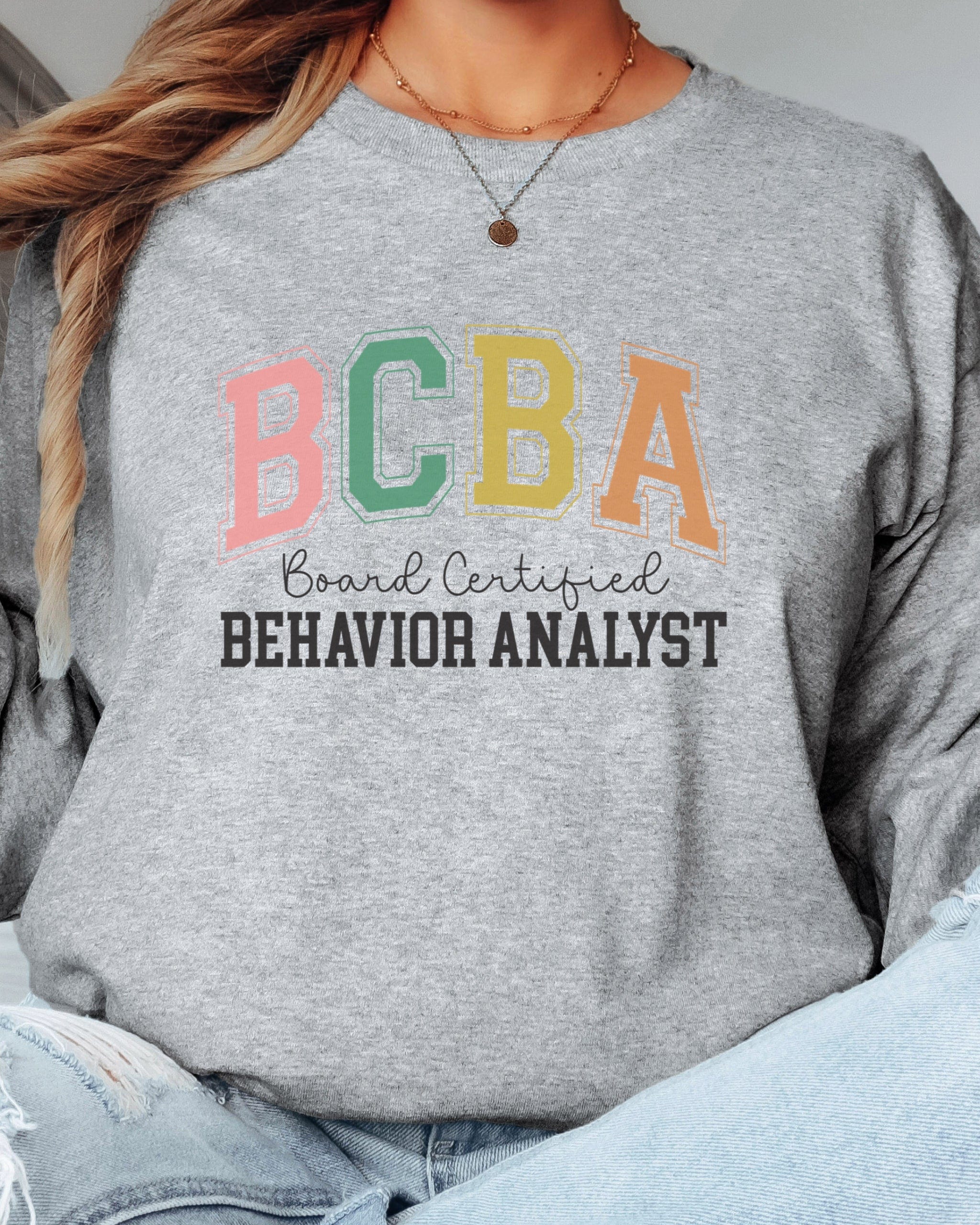 BCBA - Board Certified Behavior Analyst College Style Long Sleeve T-Shirt-Neurodiversity, ADHD & Autism Awareness & Acceptance Long-sleeve by Daily Bloom