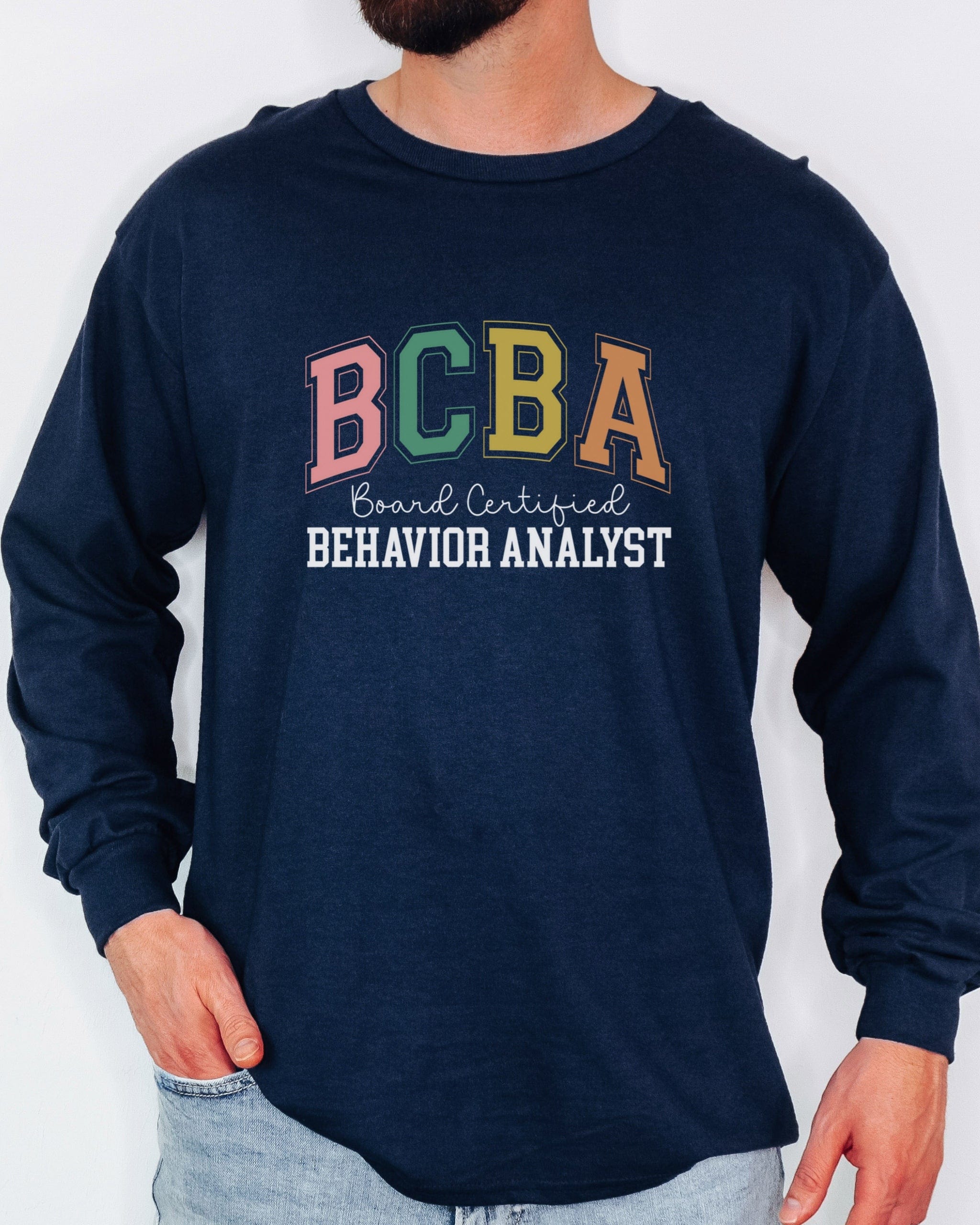 BCBA - Board Certified Behavior Analyst College Style Long Sleeve T-Shirt-Neurodiversity, ADHD & Autism Awareness & Acceptance Long-sleeve by Daily Bloom