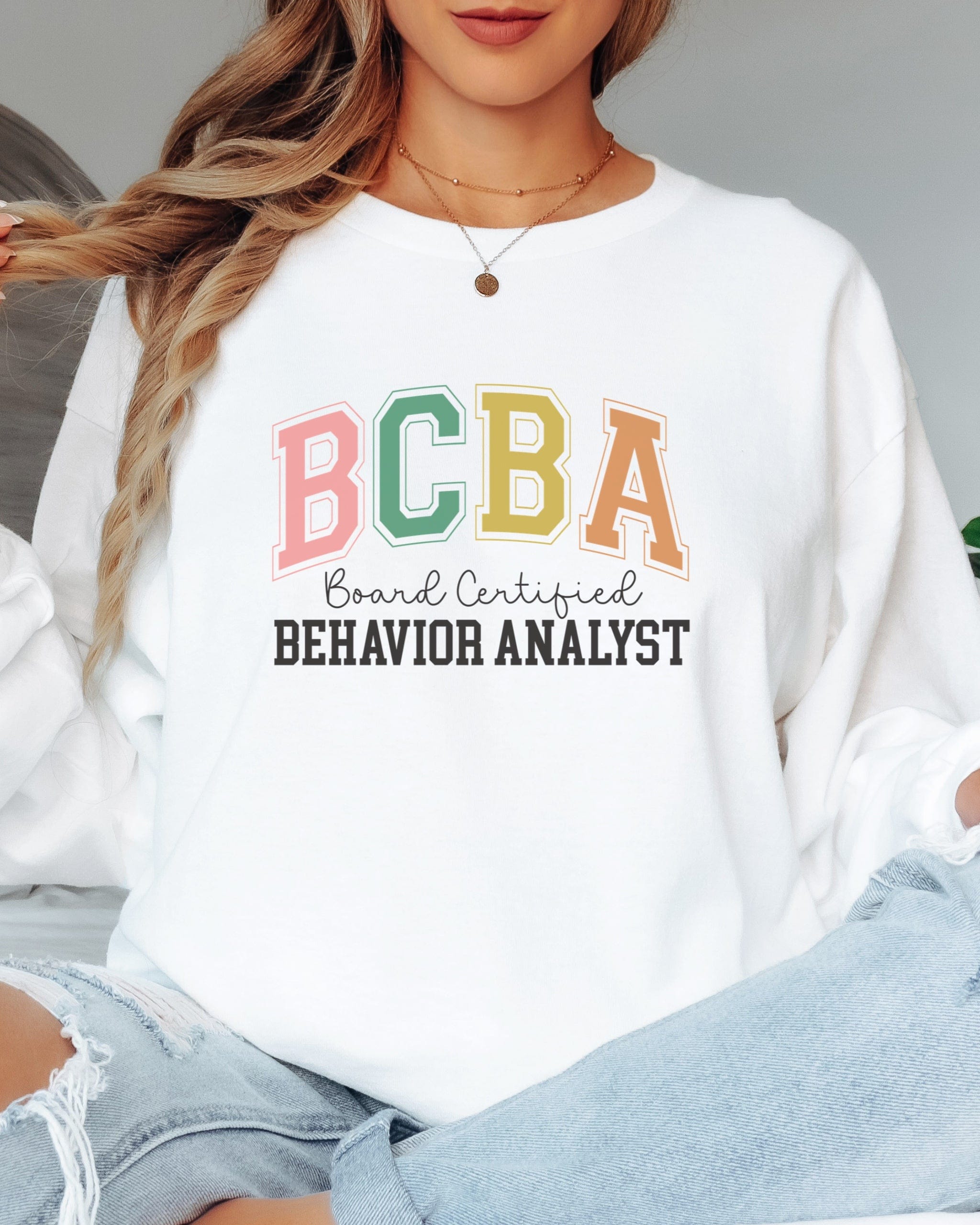 BCBA - Board Certified Behavior Analyst College Style Long Sleeve T-Shirt-Neurodiversity, ADHD & Autism Awareness & Acceptance Long-sleeve by Daily Bloom