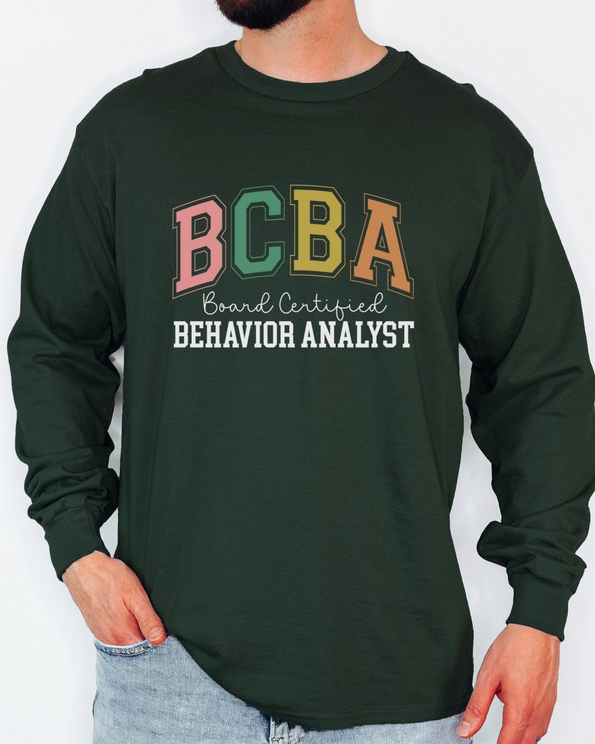 BCBA - Board Certified Behavior Analyst College Style Long Sleeve T-Shirt-Neurodiversity, ADHD & Autism Awareness & Acceptance Long-sleeve by Daily Bloom