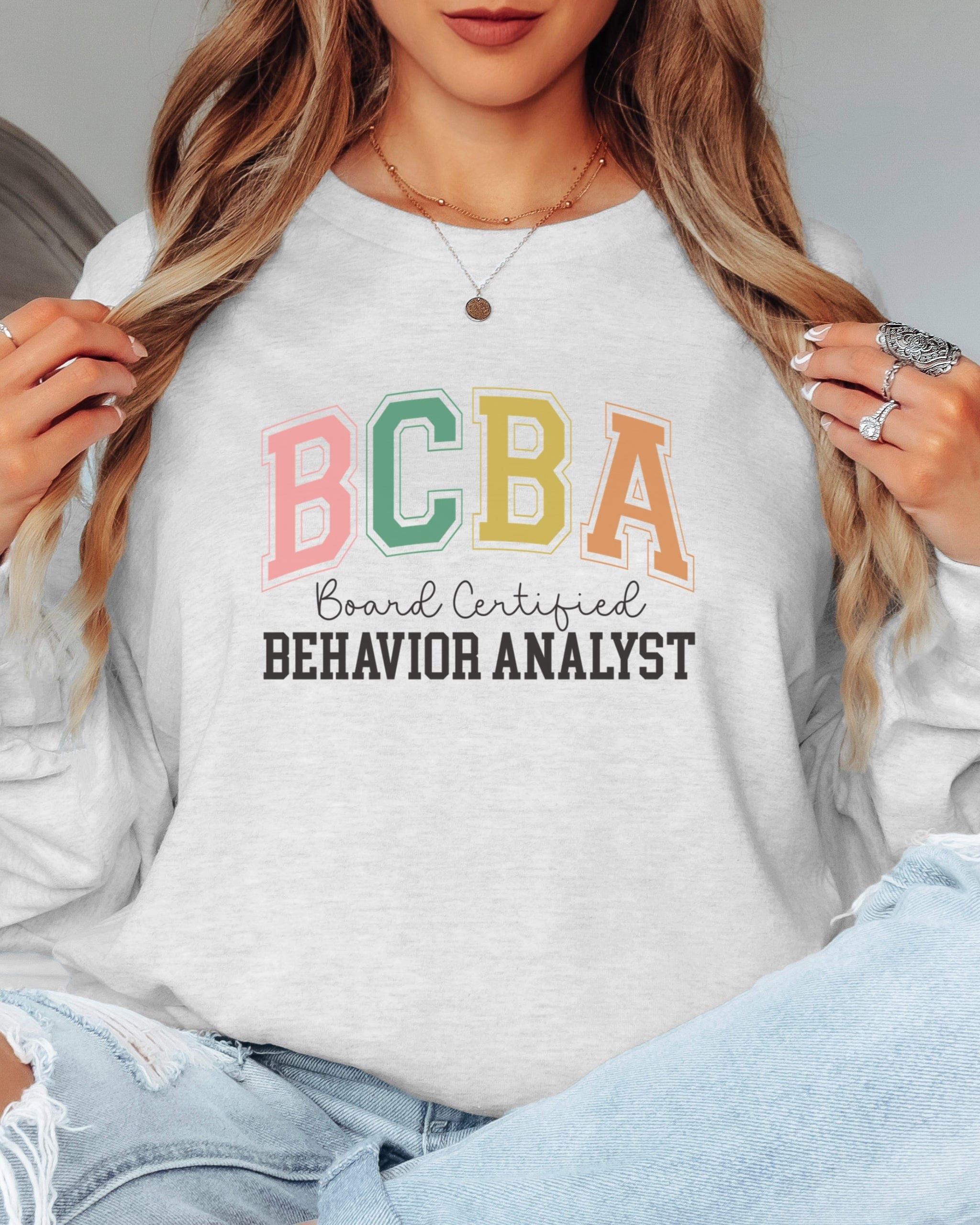 BCBA - Board Certified Behavior Analyst College Style Long Sleeve T-Shirt-Neurodiversity, ADHD & Autism Awareness & Acceptance Long-sleeve by Daily Bloom