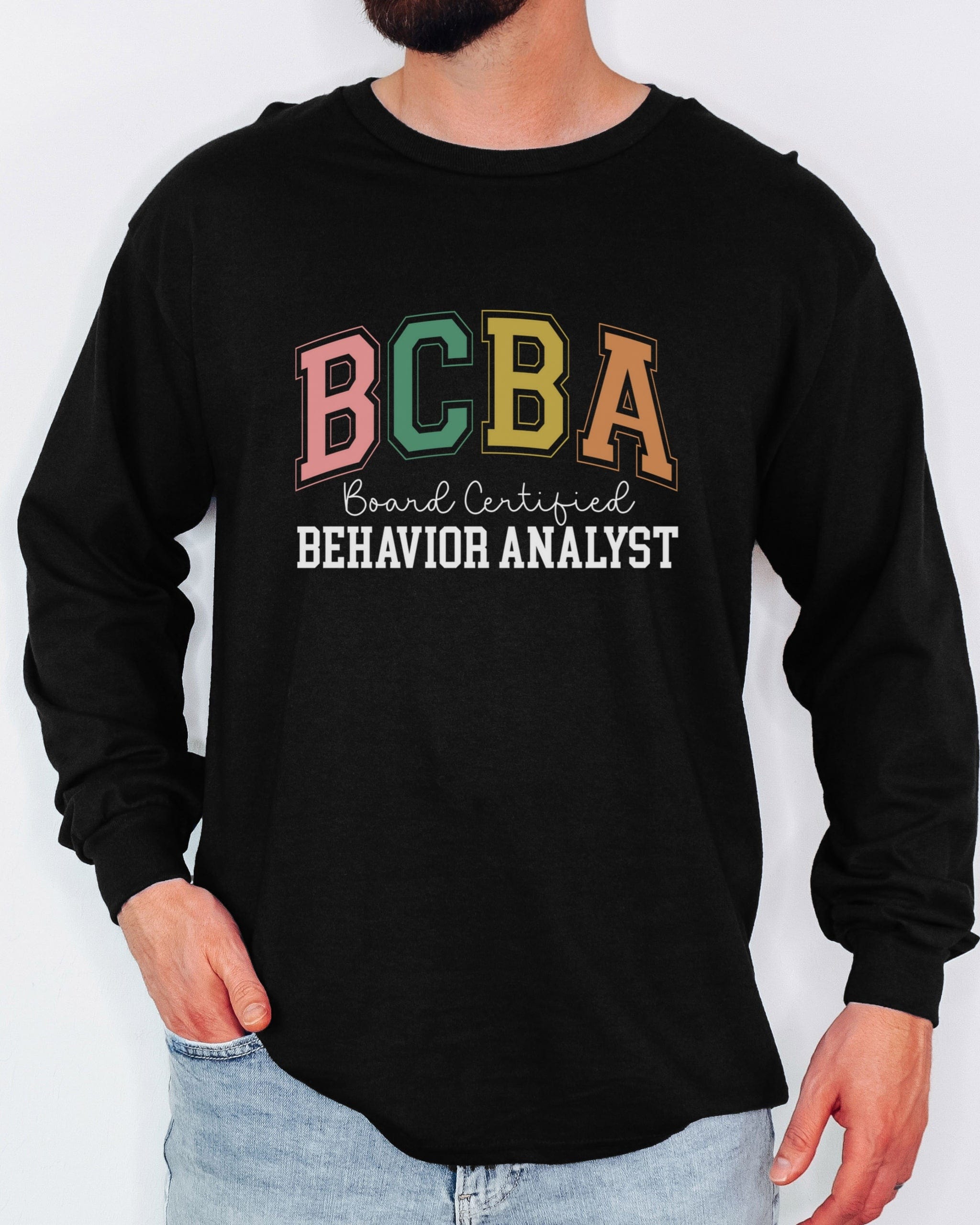 BCBA - Board Certified Behavior Analyst College Style Long Sleeve T-Shirt-Neurodiversity, ADHD & Autism Awareness & Acceptance Long-sleeve by Daily Bloom