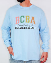BCBA - Board Certified Behavior Analyst College Style Long Sleeve T-Shirt-Neurodiversity, ADHD & Autism Awareness & Acceptance Long-sleeve by Daily Bloom