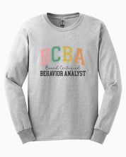 BCBA - Board Certified Behavior Analyst College Style Long Sleeve T-Shirt-Ash-Neurodiversity, ADHD & Autism Awareness & Acceptance Long-sleeve by Daily Bloom