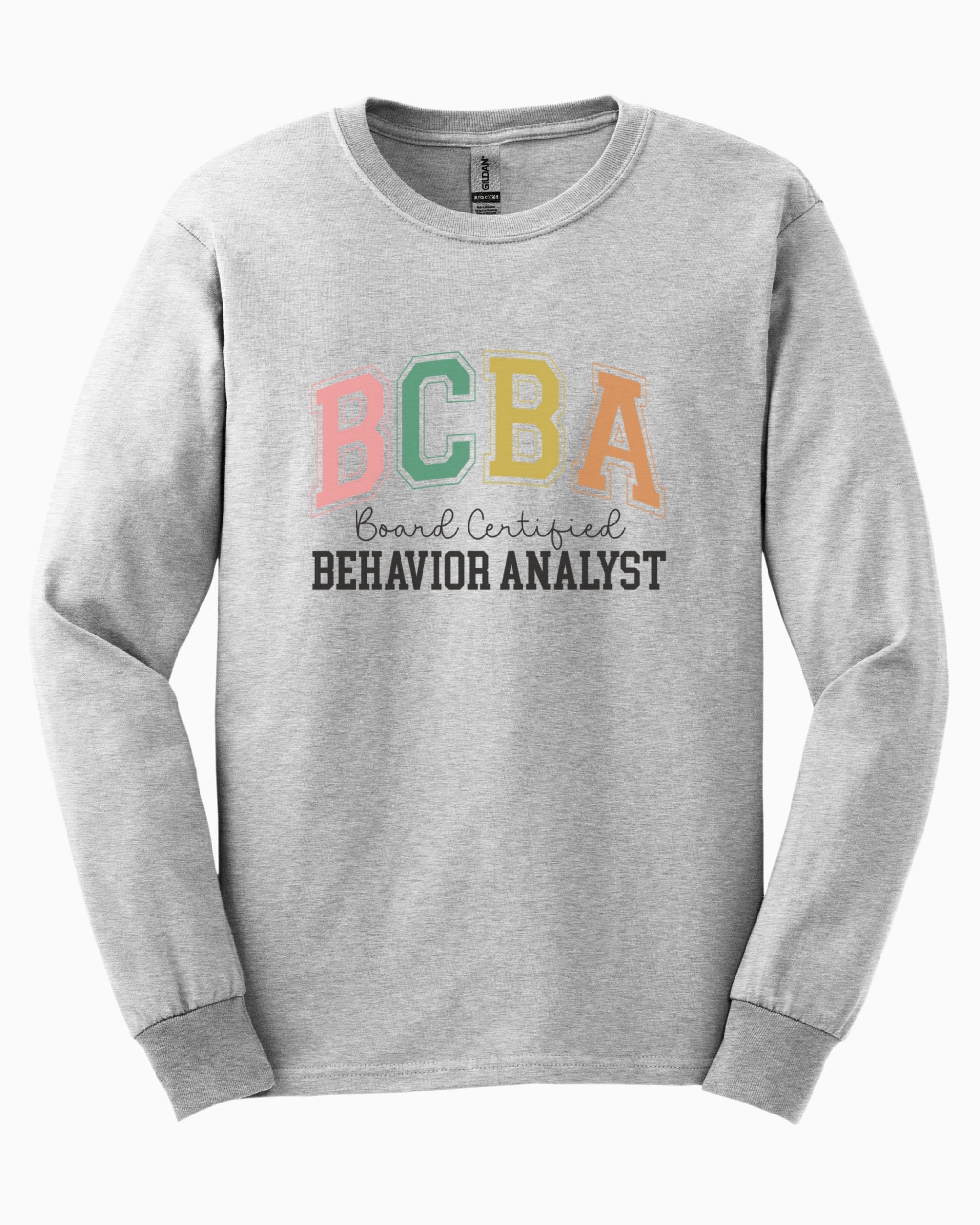 BCBA - Board Certified Behavior Analyst College Style Long Sleeve T-Shirt-Ash-Neurodiversity, ADHD & Autism Awareness & Acceptance Long-sleeve by Daily Bloom