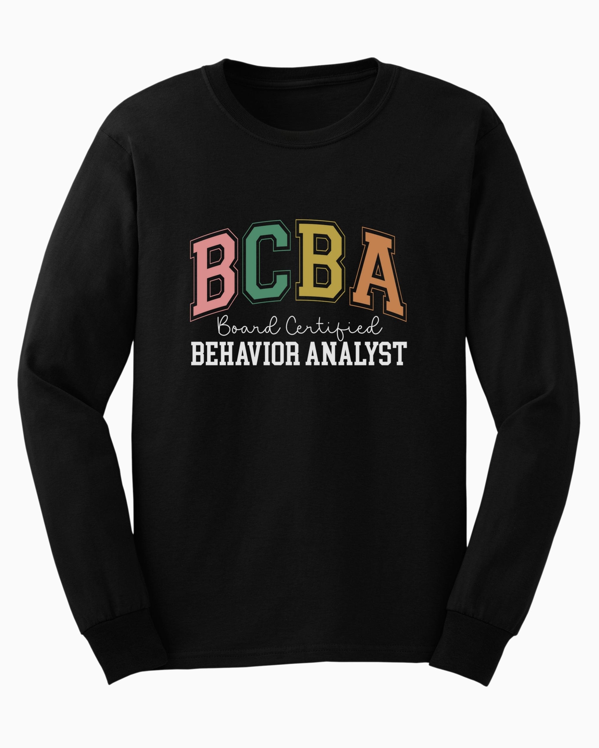 BCBA - Board Certified Behavior Analyst College Style Long Sleeve T-Shirt-Black-Neurodiversity, ADHD & Autism Awareness & Acceptance Long-sleeve by Daily Bloom