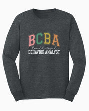 BCBA - Board Certified Behavior Analyst College Style Long Sleeve T-Shirt-Dark Heather-Neurodiversity, ADHD & Autism Awareness & Acceptance Long-sleeve by Daily Bloom