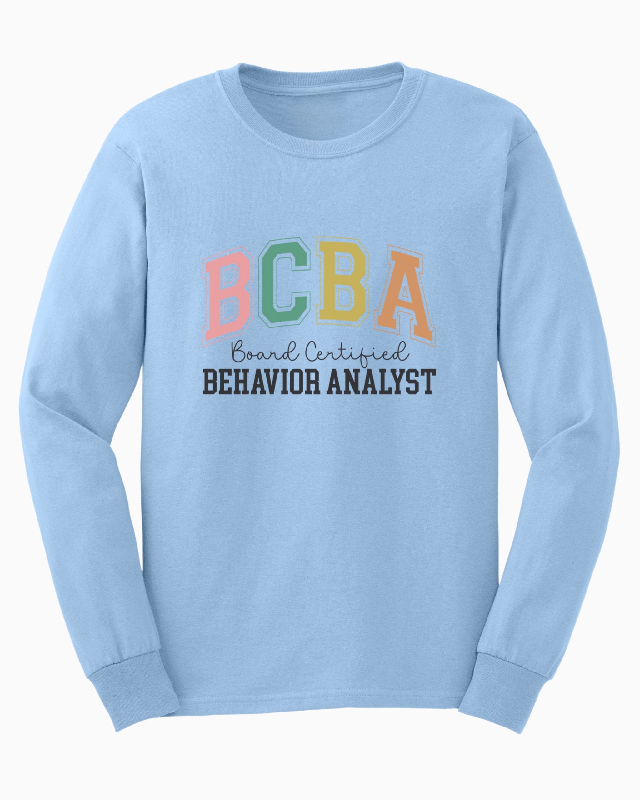 BCBA - Board Certified Behavior Analyst College Style Long Sleeve T-Shirt-Light Blue-Neurodiversity, ADHD & Autism Awareness & Acceptance Long-sleeve by Daily Bloom
