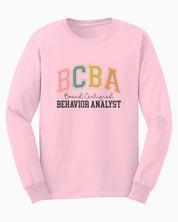 BCBA - Board Certified Behavior Analyst College Style Long Sleeve T-Shirt-Light Pink-Neurodiversity, ADHD & Autism Awareness & Acceptance Long-sleeve by Daily Bloom