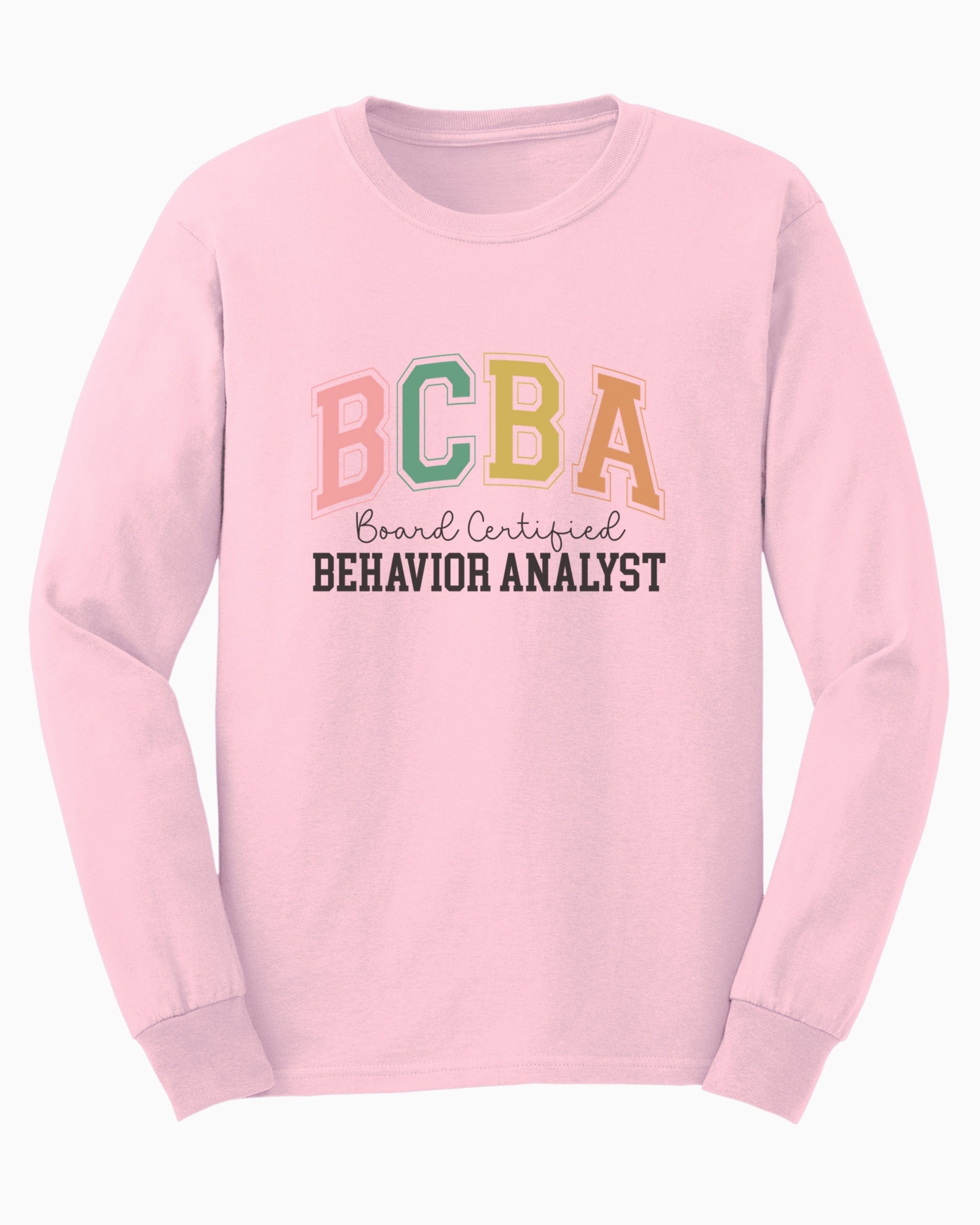 BCBA - Board Certified Behavior Analyst College Style Long Sleeve T-Shirt-Light Pink-Neurodiversity, ADHD & Autism Awareness & Acceptance Long-sleeve by Daily Bloom