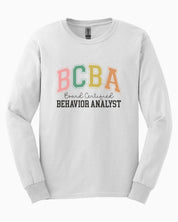 BCBA - Board Certified Behavior Analyst College Style Long Sleeve T-Shirt-White-Neurodiversity, ADHD & Autism Awareness & Acceptance Long-sleeve by Daily Bloom