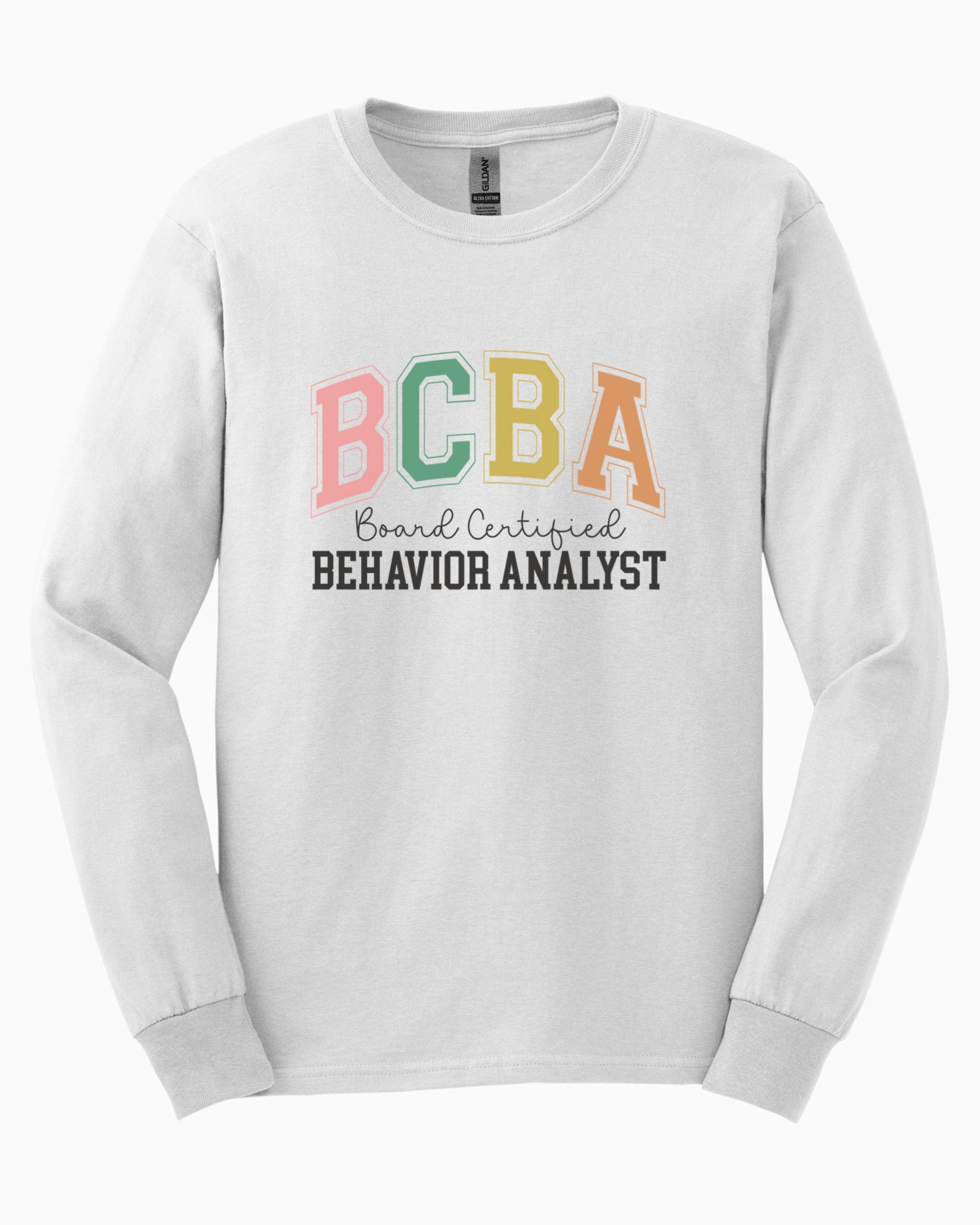 BCBA - Board Certified Behavior Analyst College Style Long Sleeve T-Shirt-White-Neurodiversity, ADHD & Autism Awareness & Acceptance Long-sleeve by Daily Bloom