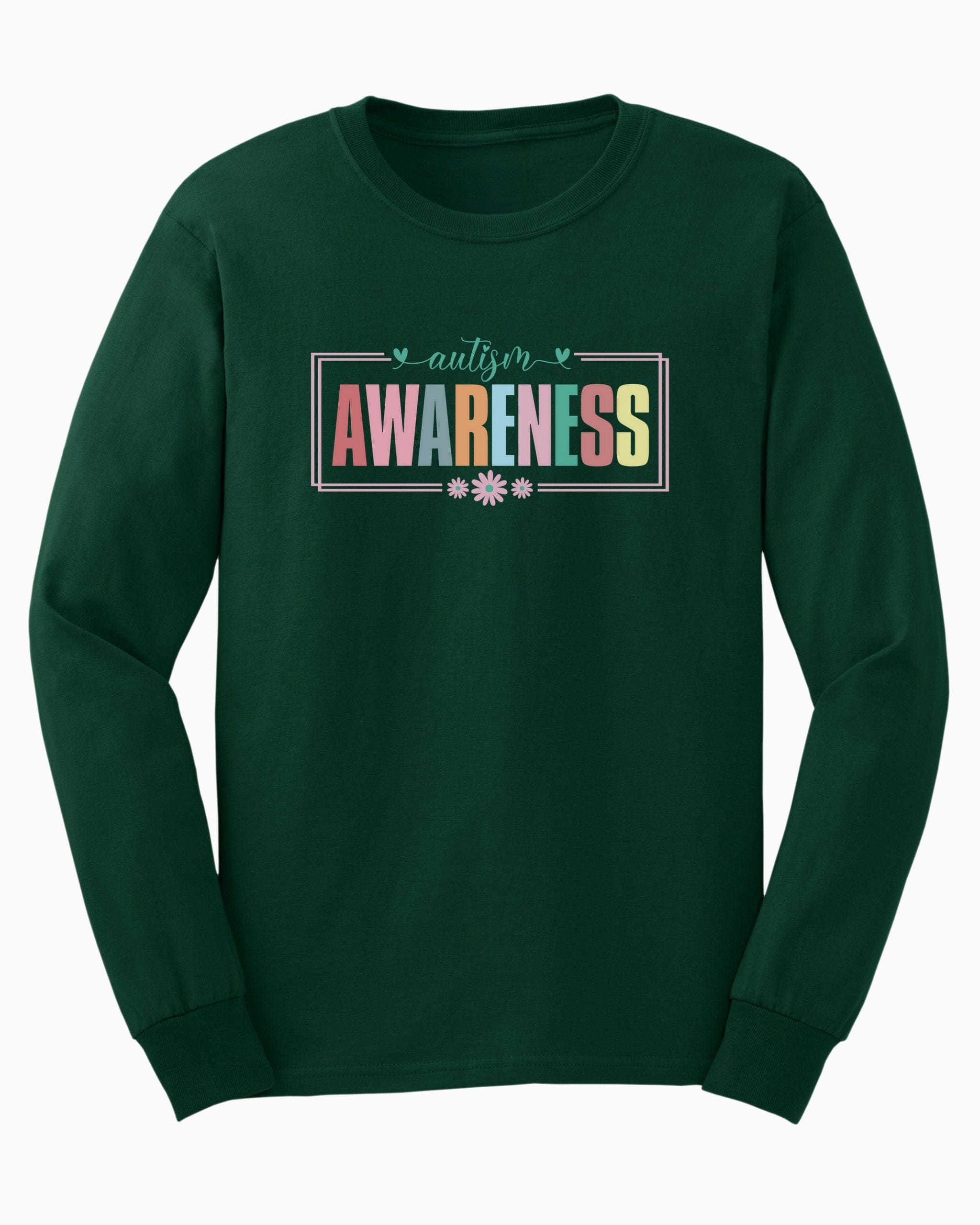 Bright Blooms for Autism Awareness Long Sleeve T-Shirt-Forest Green-Neurodiversity, ADHD & Autism Awareness & Acceptance Long-sleeve by Daily Bloom