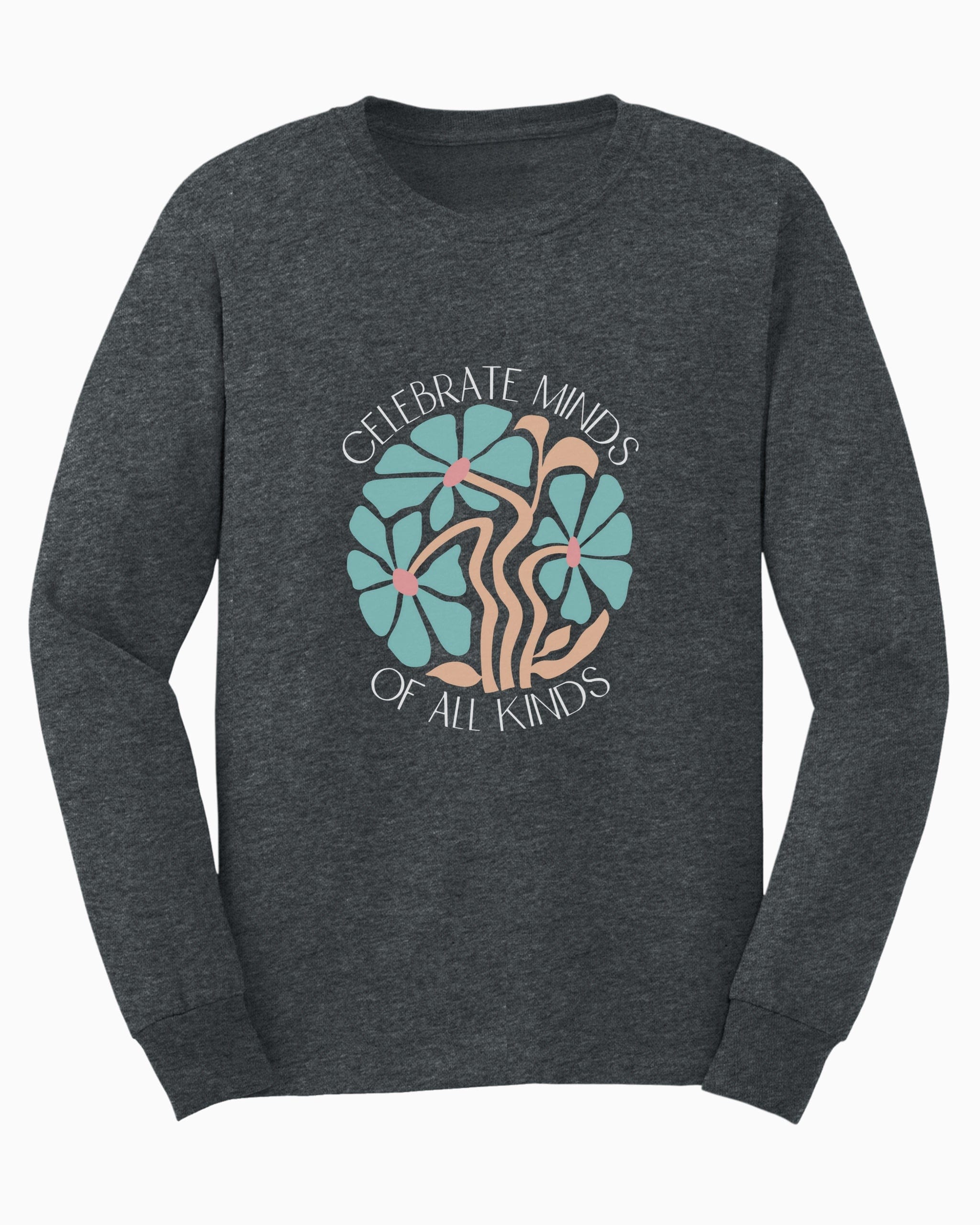Celebrate Minds Of All Kinds Long Sleeve T-Shirt-Dark Heather-Neurodiversity, ADHD & Autism Awareness & Acceptance Long-sleeve by Daily Bloom