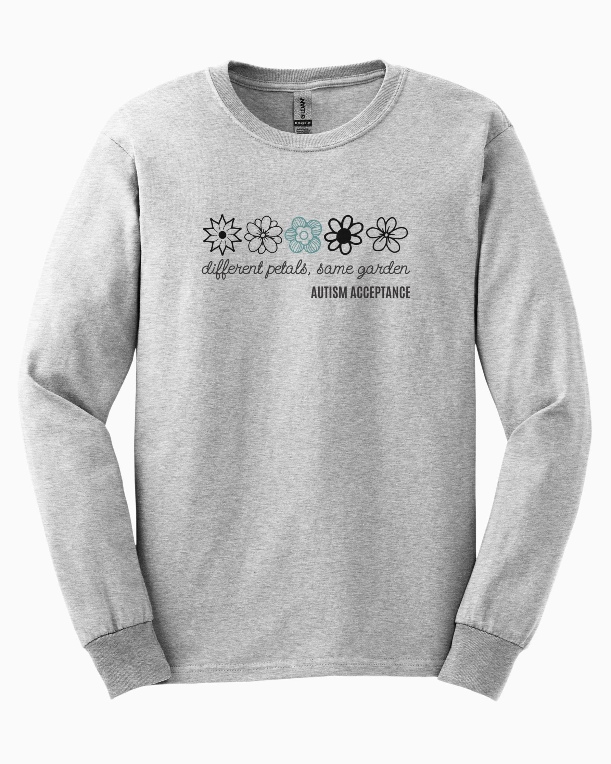 Different Petals Same Garden Flower Sketches Long Sleeve T-Shirt-Neurodiversity, ADHD & Autism Awareness & Acceptance Long-sleeve by Daily Bloom