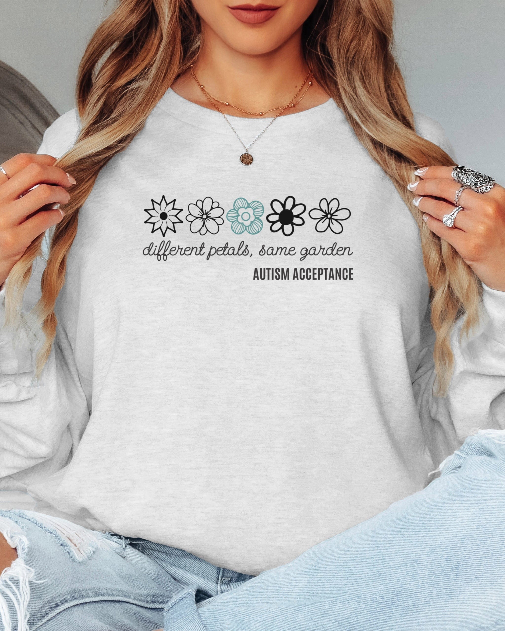 Different Petals Same Garden Flower Sketches Long Sleeve T-Shirt-Neurodiversity, ADHD & Autism Awareness & Acceptance Long-sleeve by Daily Bloom