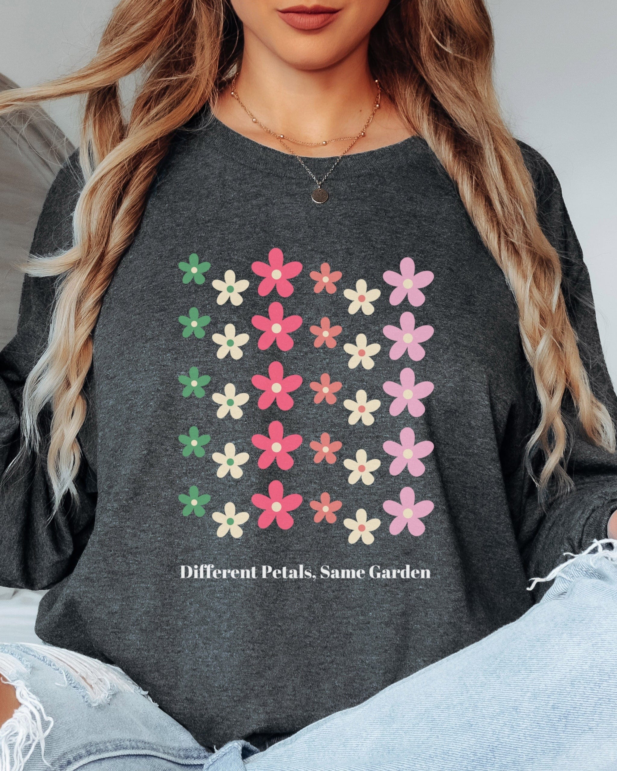 Different Petals Same Garden Long Sleeve T-Shirt-Neurodiversity, ADHD & Autism Awareness & Acceptance Long-sleeve by Daily Bloom
