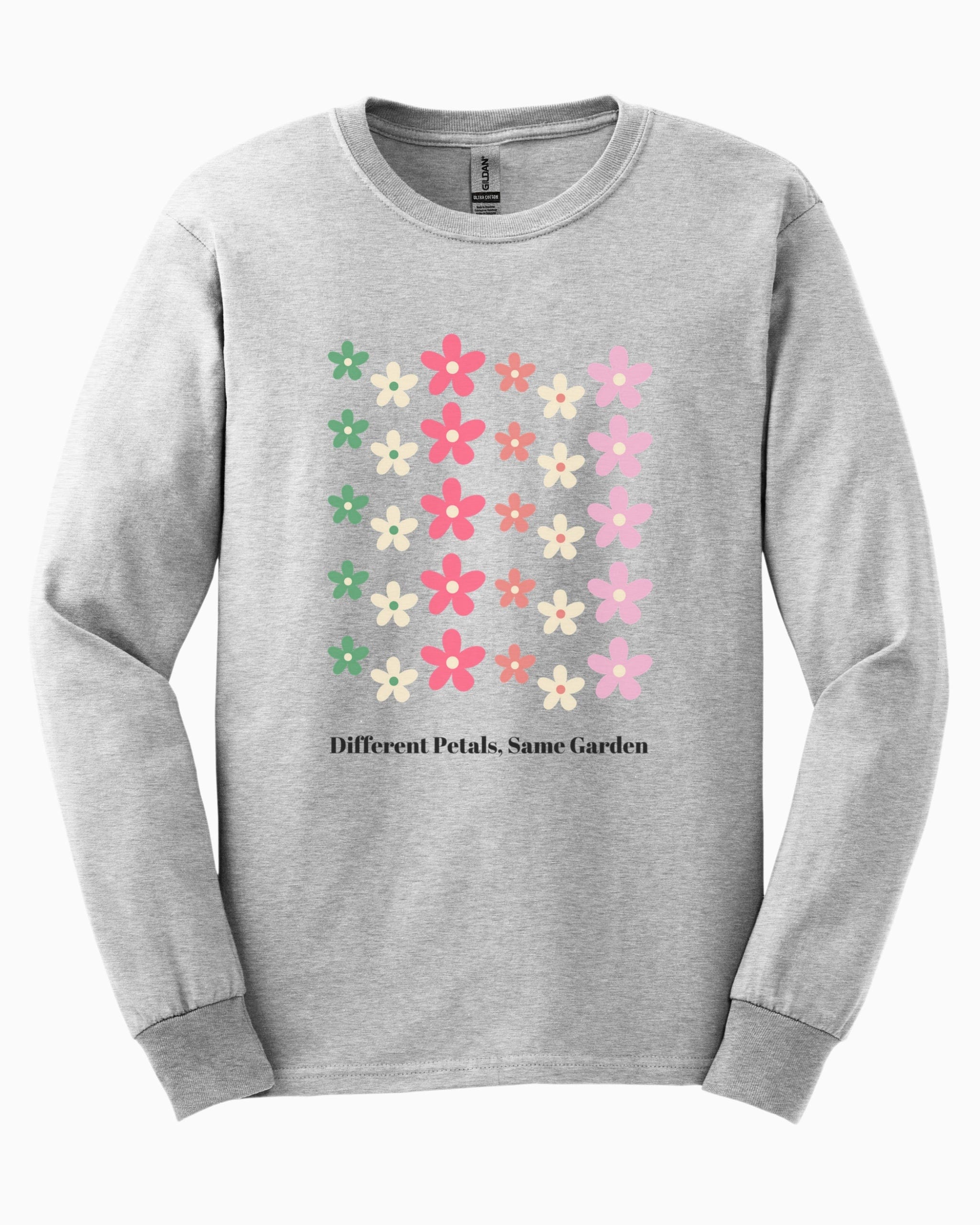Different Petals Same Garden Long Sleeve T-Shirt-Ash-Neurodiversity, ADHD & Autism Awareness & Acceptance Long-sleeve by Daily Bloom