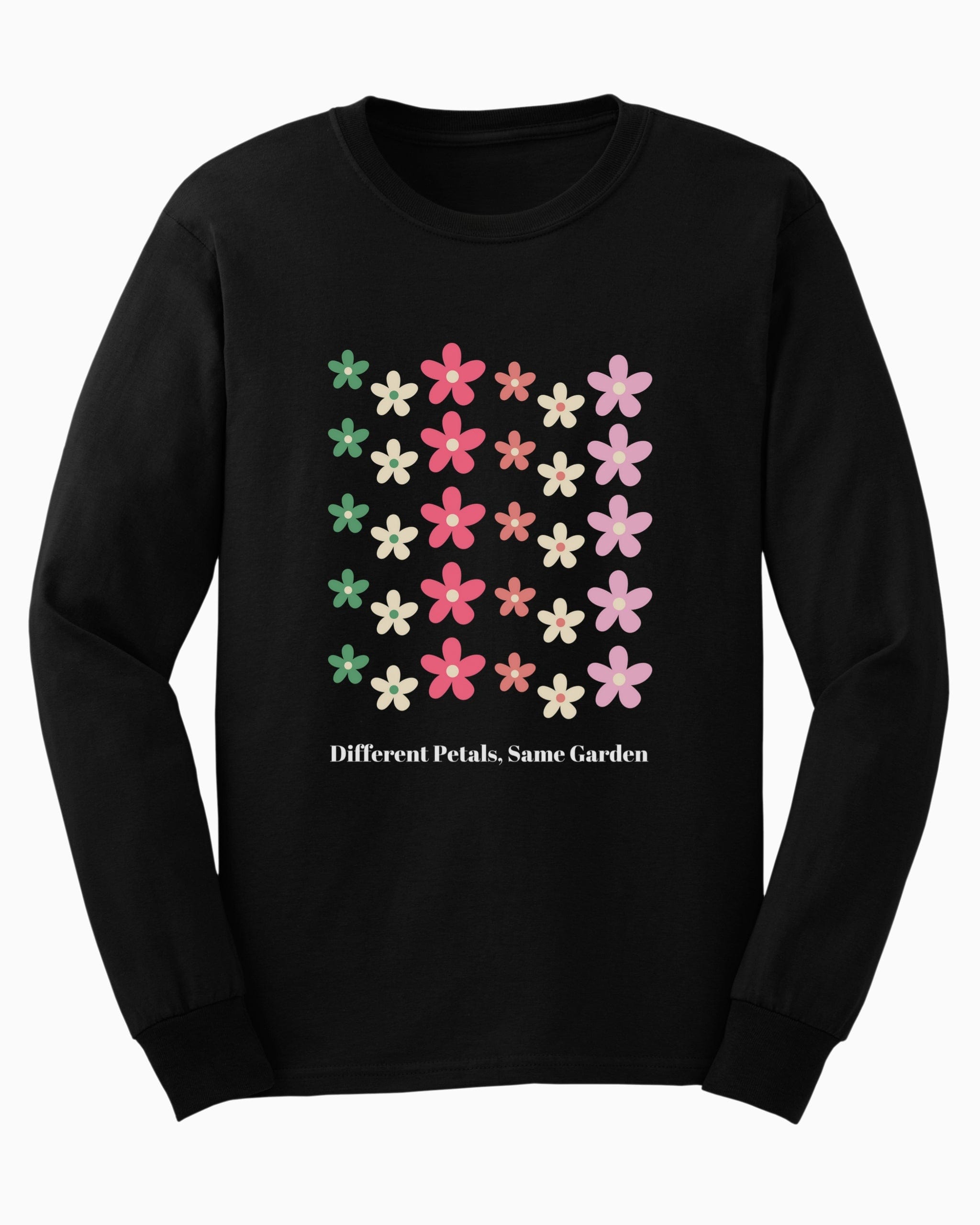 Different Petals Same Garden Long Sleeve T-Shirt-Black-Neurodiversity, ADHD & Autism Awareness & Acceptance Long-sleeve by Daily Bloom