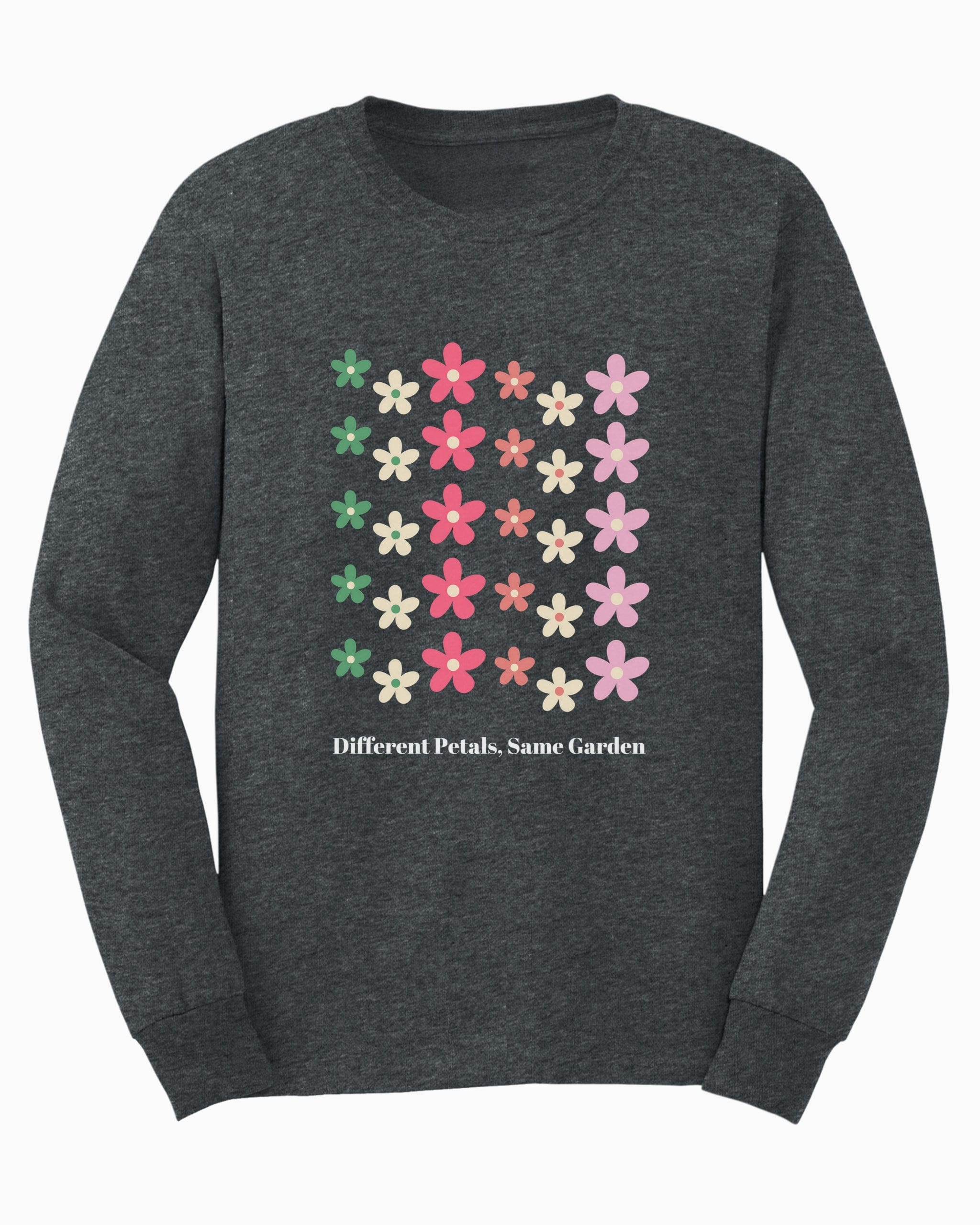 Different Petals Same Garden Long Sleeve T-Shirt-Dark Heather-Neurodiversity, ADHD & Autism Awareness & Acceptance Long-sleeve by Daily Bloom