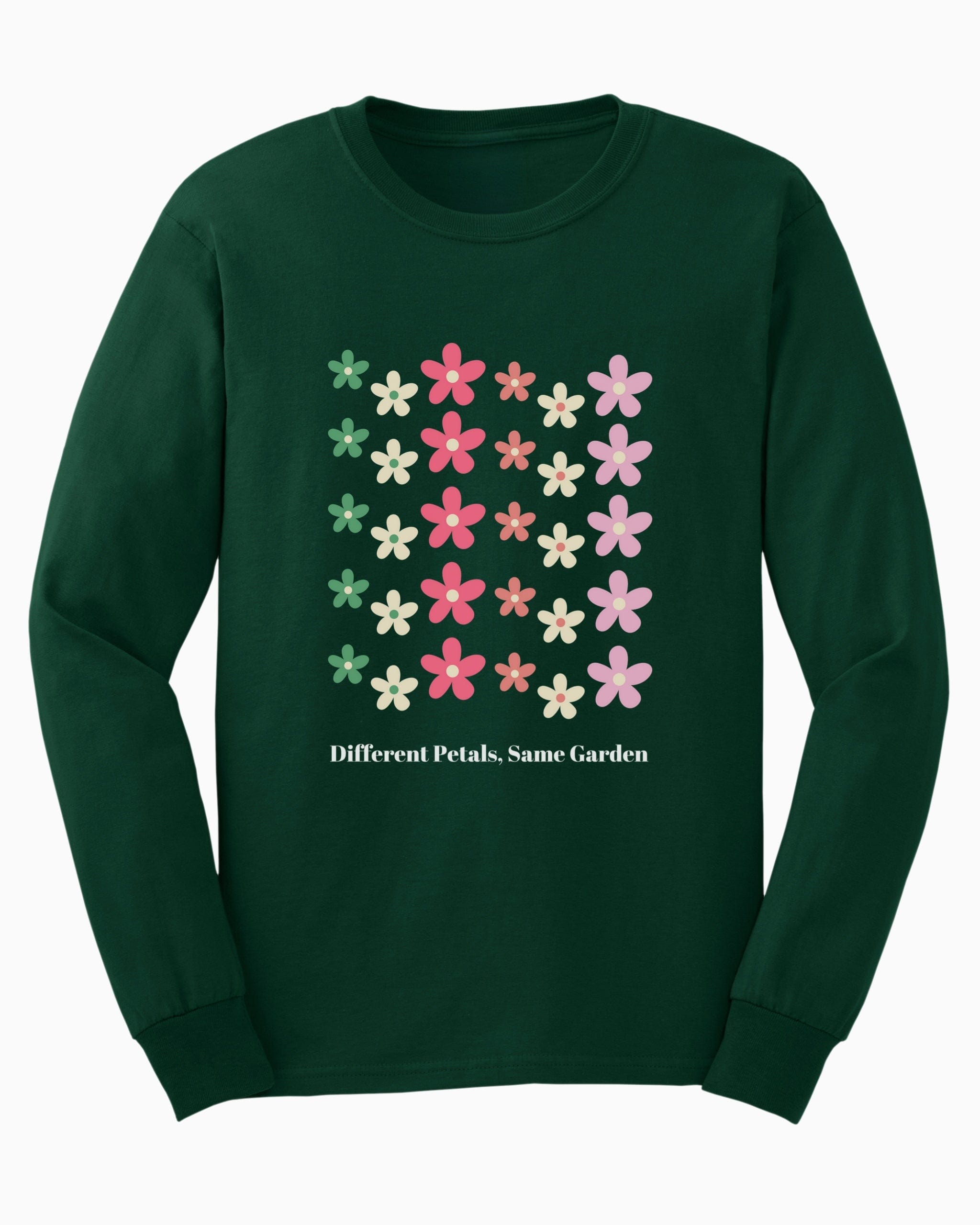 Different Petals Same Garden Long Sleeve T-Shirt-Forest Green-Neurodiversity, ADHD & Autism Awareness & Acceptance Long-sleeve by Daily Bloom