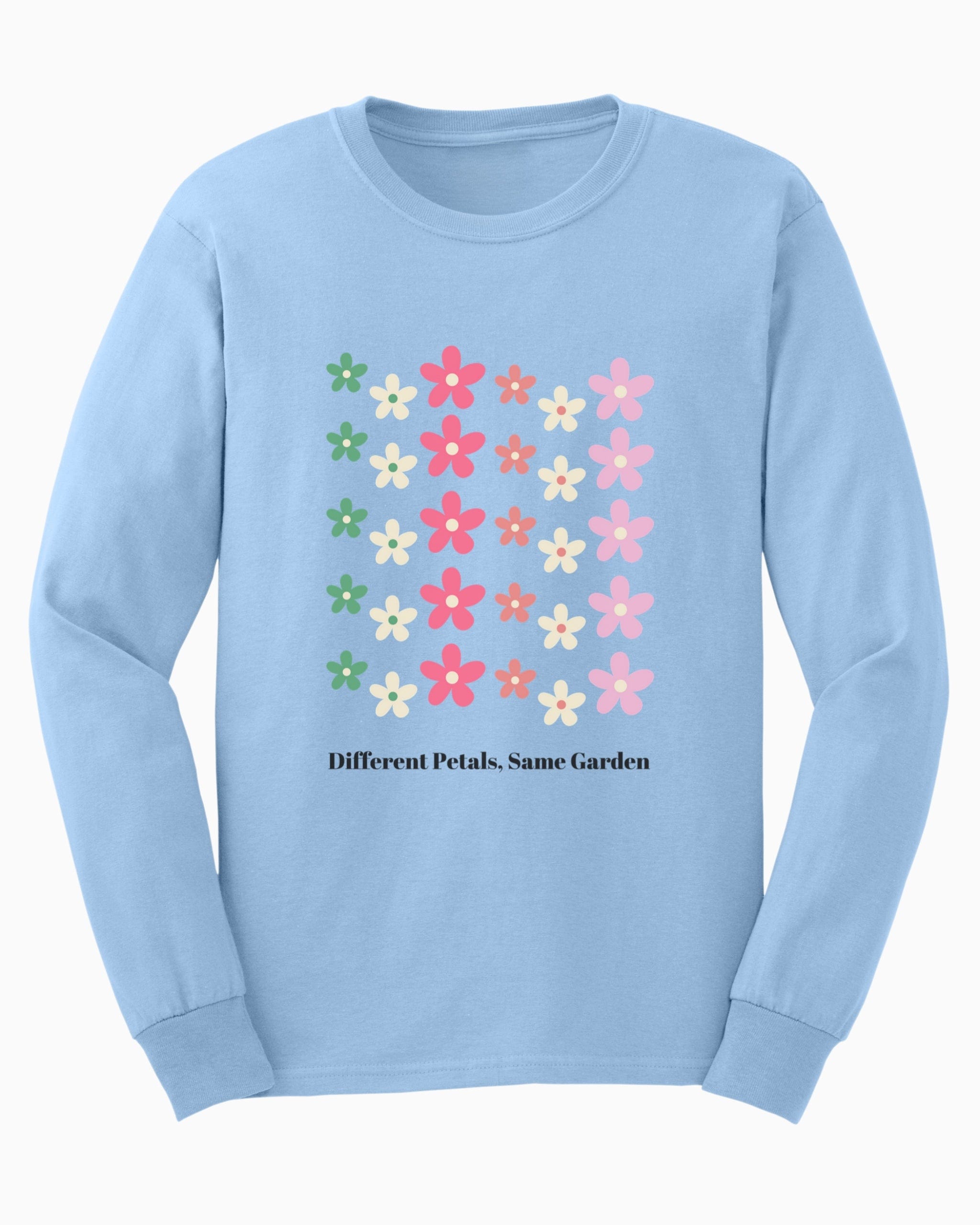Different Petals Same Garden Long Sleeve T-Shirt-Light Blue-Neurodiversity, ADHD & Autism Awareness & Acceptance Long-sleeve by Daily Bloom