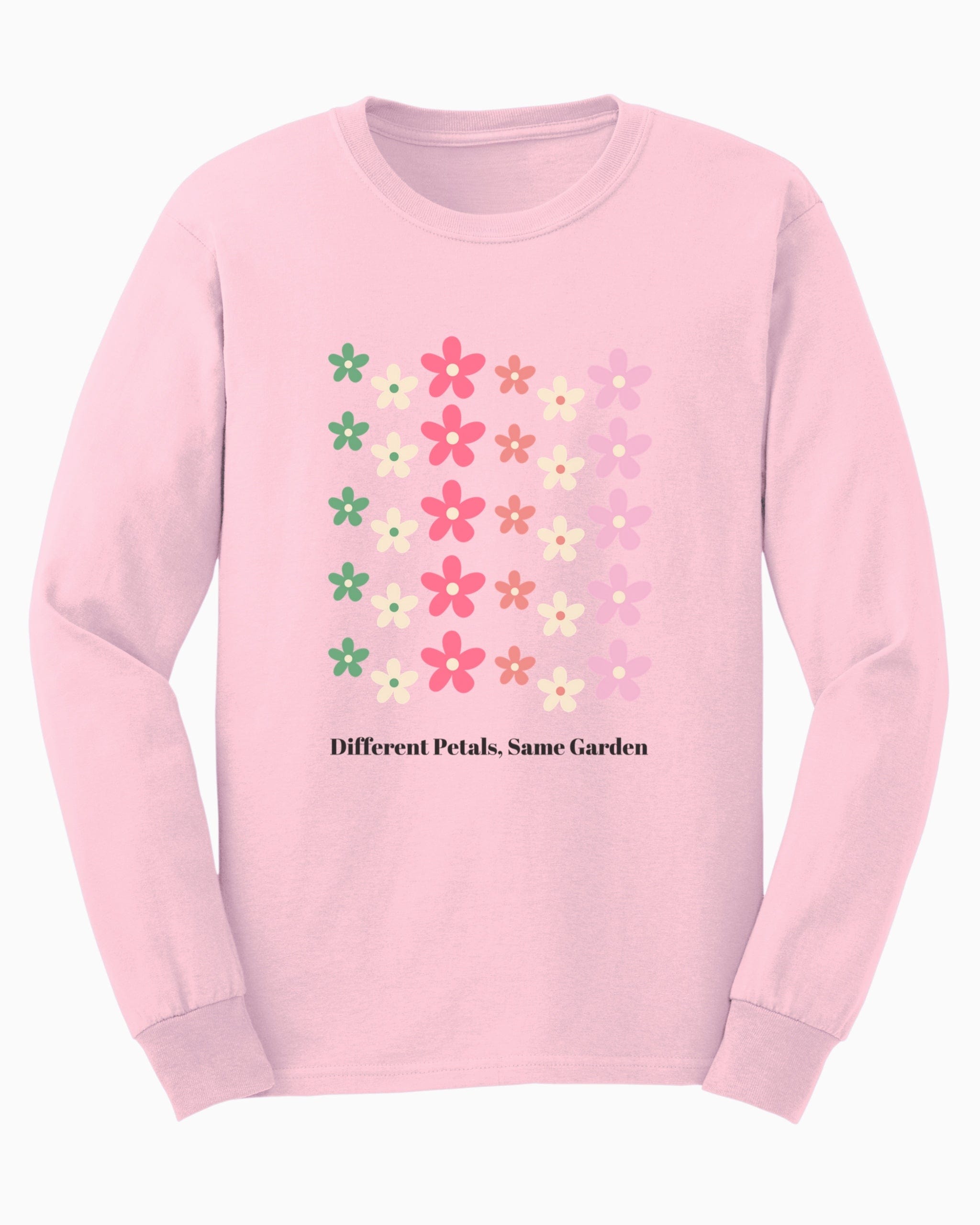Different Petals Same Garden Long Sleeve T-Shirt-Light Pink-Neurodiversity, ADHD & Autism Awareness & Acceptance Long-sleeve by Daily Bloom