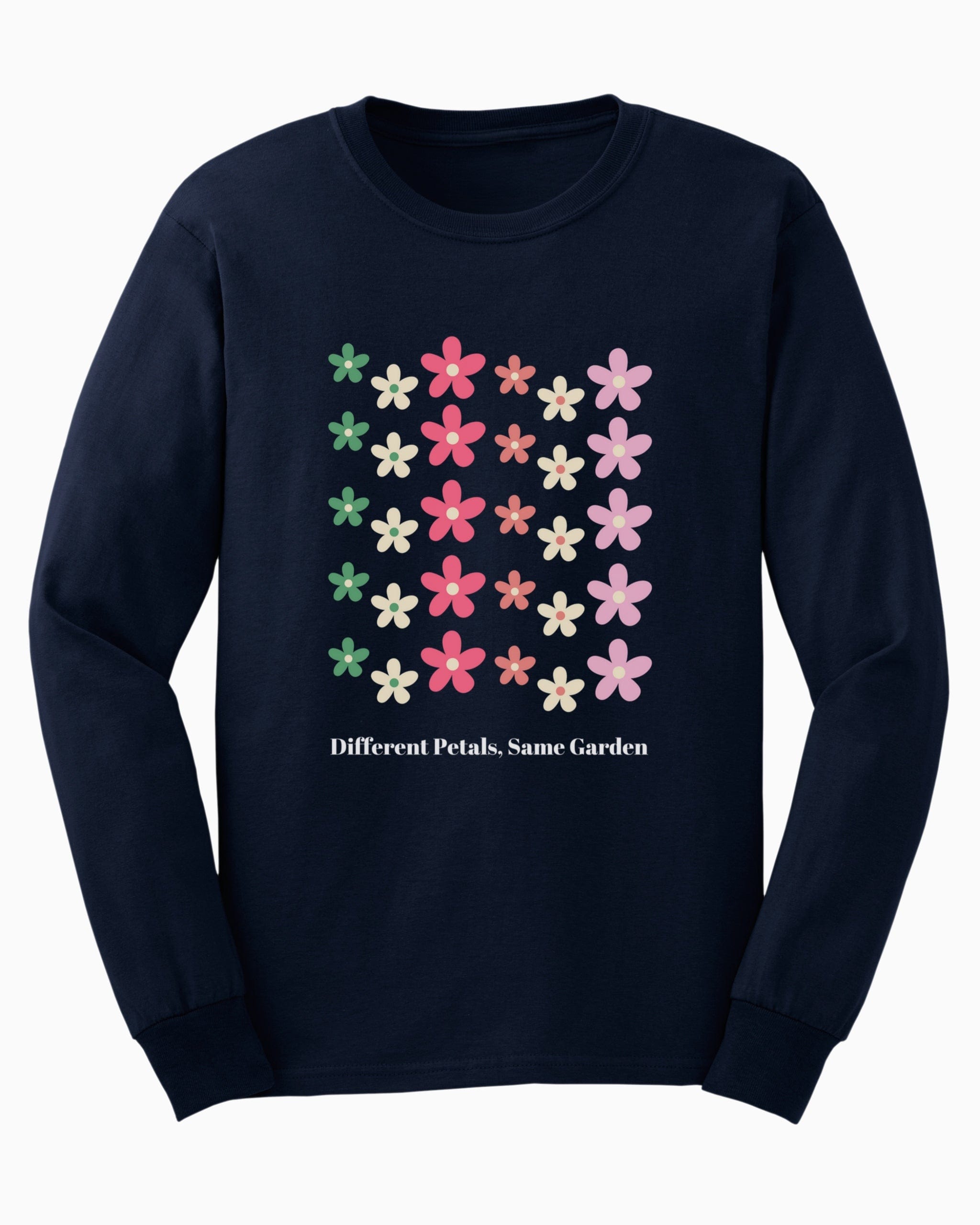Different Petals Same Garden Long Sleeve T-Shirt-Navy-Neurodiversity, ADHD & Autism Awareness & Acceptance Long-sleeve by Daily Bloom