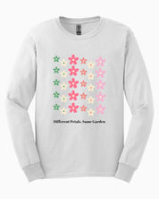 Different Petals Same Garden Long Sleeve T-Shirt-White-Neurodiversity, ADHD & Autism Awareness & Acceptance Long-sleeve by Daily Bloom